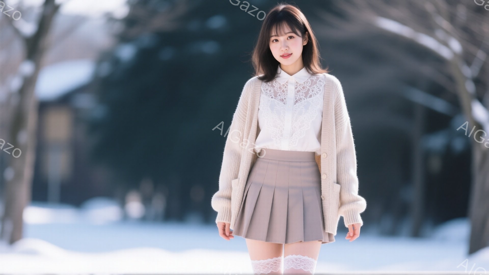 長い茶色の髪を肩のあたりでゆるく巻いた女性が写っています。白いレースのブラウスにベージュのカーディガン、そしてプリーツのミニスカートを着用し、白いレースの靴下を履いています。背景は雪景色で、木々が並ぶ冬の公園のようです。