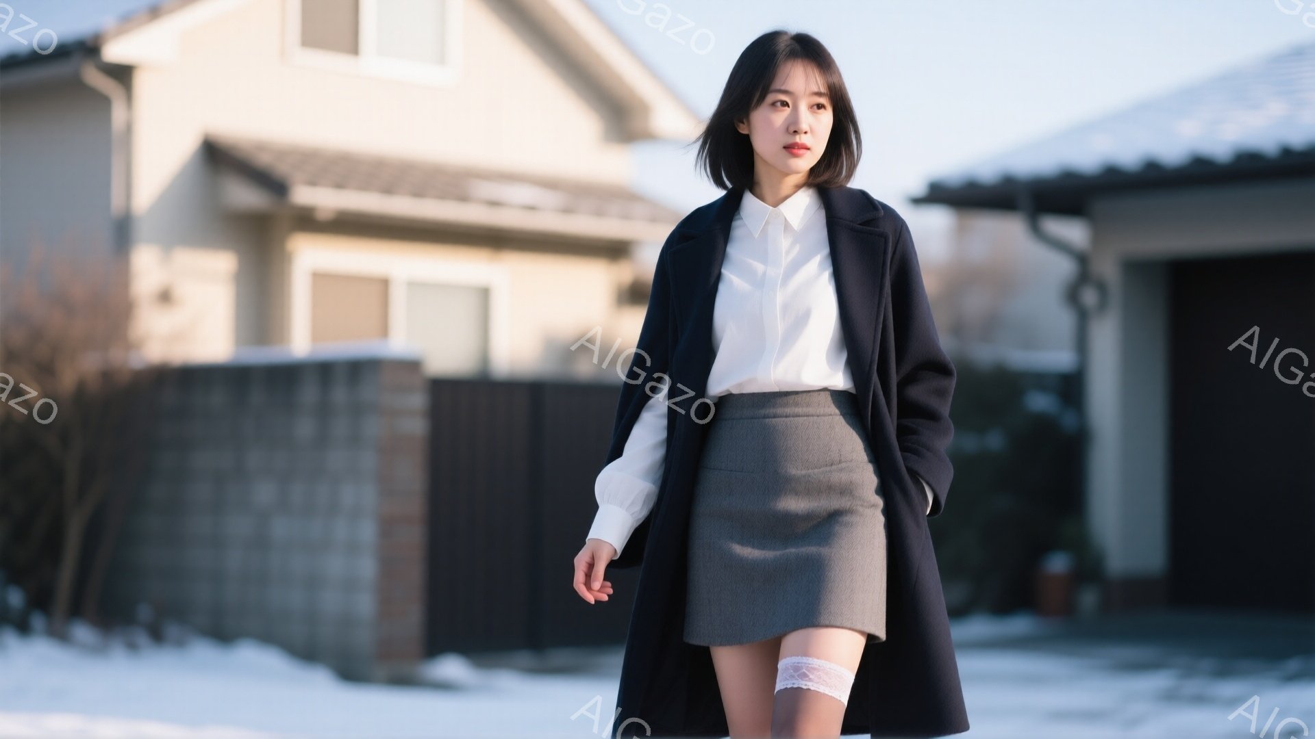 紺色のロングコートと白いシャツ、グレーのタイトスカートを身に着けた女性が、雪に覆われた住宅街を歩いている。彼女は少し下を向き、物憂げな表情で、右手をコートのポケットに入れている。背景には、雪が積もった庭と、薄いグレーの住宅が並び、冬の穏やかな雰囲気が漂っている。