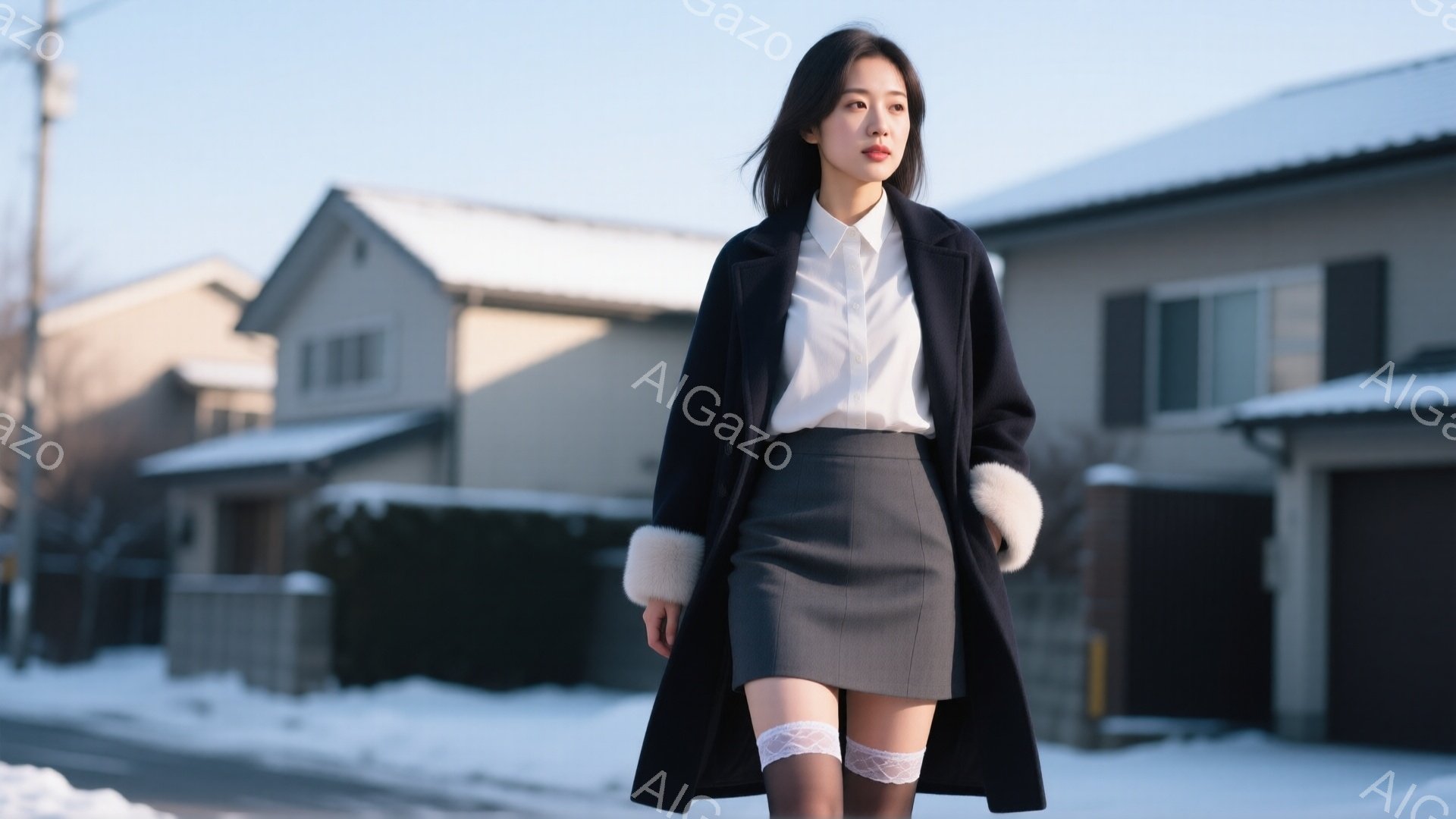 彼女は白いブラウスにグレーのミニスカート、そして毛皮の襟が付いた黒いコートを着ています。長い黒髪を肩にかかっており、少し微笑んで遠くを見つめています。背景には雪に覆われた住宅と薄暗い空が広がり、冷たい冬の日の穏やかな雰囲気を醸し出しています。