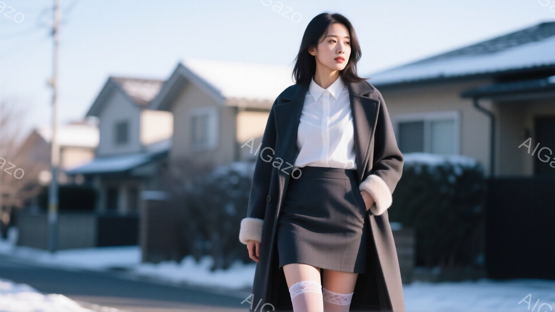 黒いコートと白いシャツ、それに黒いミニスカートを着用した女性が写っています。彼女は少し横を向き、遠くを見つめており、少し微笑んでいるように見えます。背景には雪が積もった住宅街が広がり、穏やかで静かな冬の日の雰囲気が漂っています。