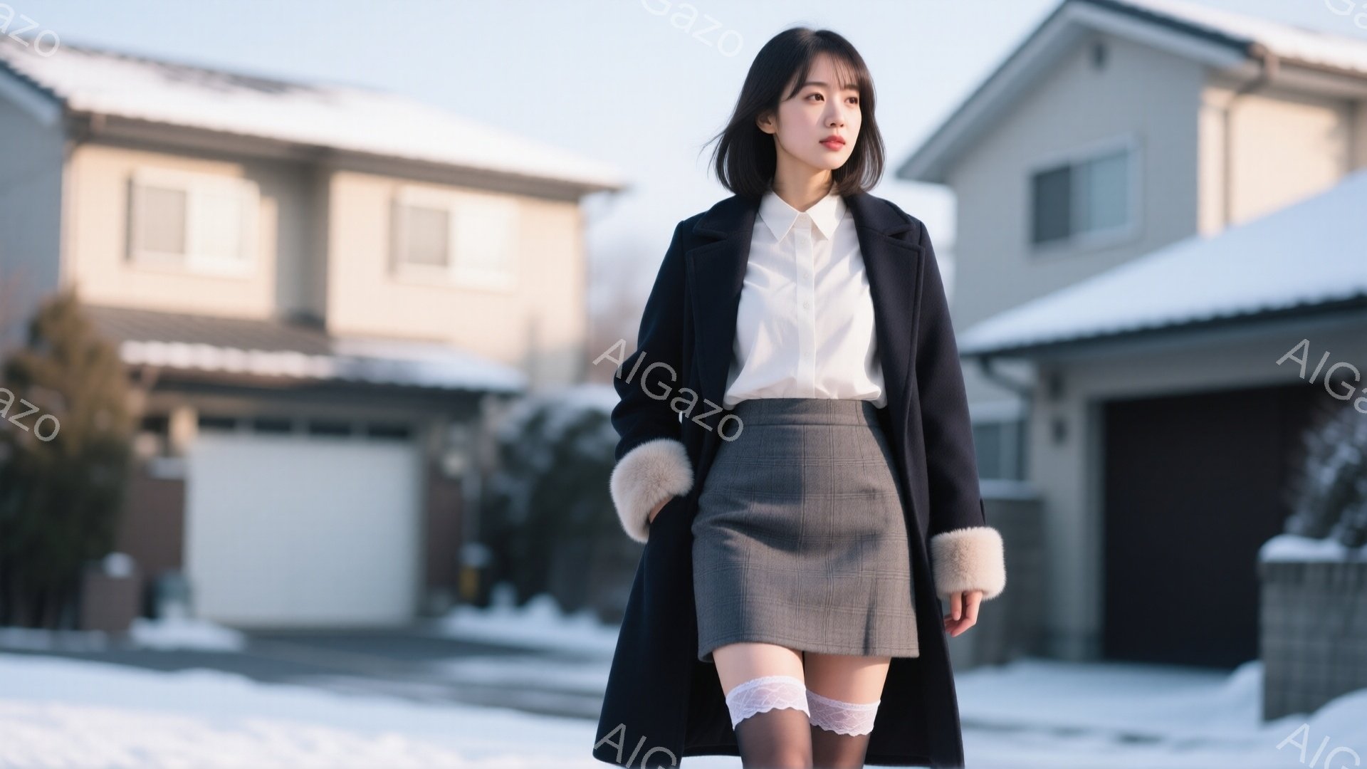 若い女性が、白いブラウスにグレーのチェック柄スカート、そしてファーカラーの黒いコートを着ています。彼女は少し微笑んでおり、前を見つめて歩いているようです。背景には雪が積もった住宅地が広がり、冬の穏やかな雰囲気を醸し出しています。