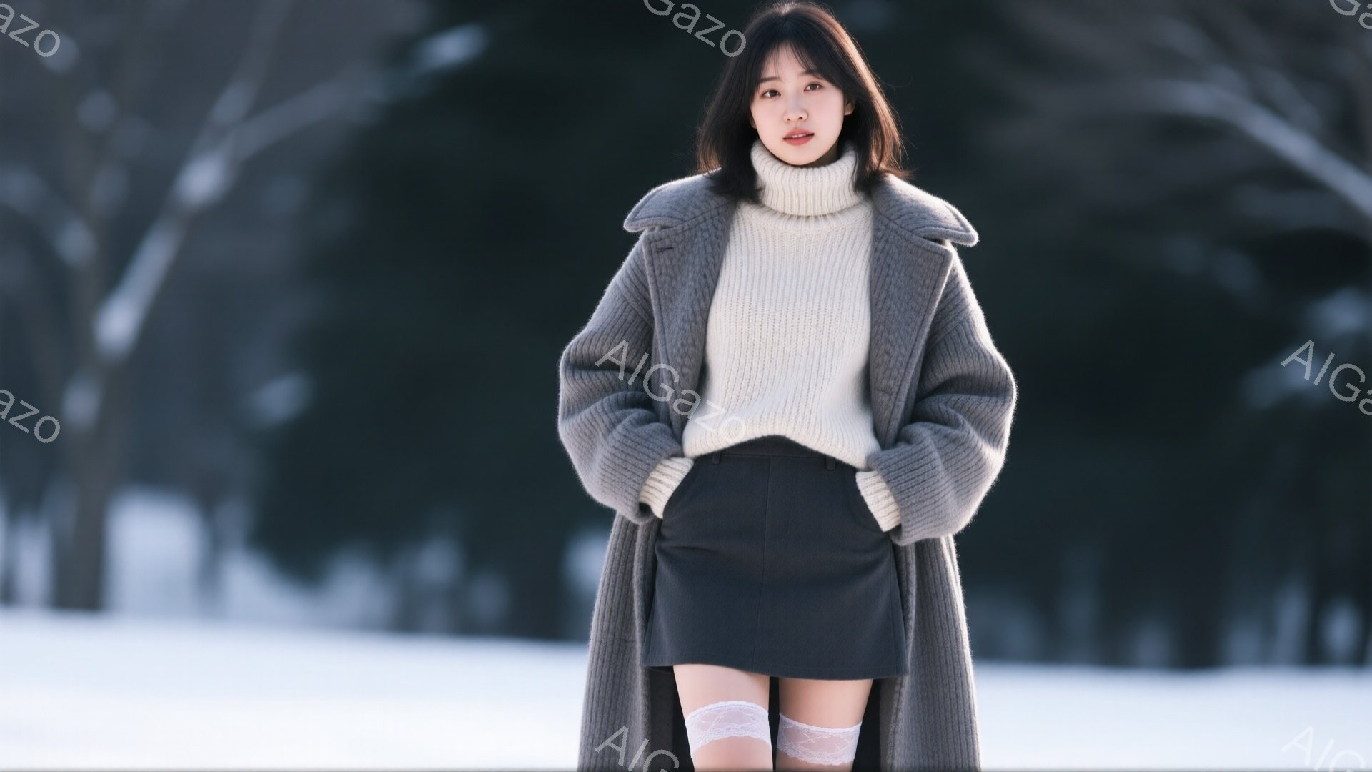 短い黒髪の女性が、オフホワイトの厚手のニットセーターと黒のミニスカート、そして長めのグレーのコートを着ています。彼女は両手をポケットに入れ、少し微笑んでカメラを見ており、白いレースの靴下を履いています - AI生成フリー素材