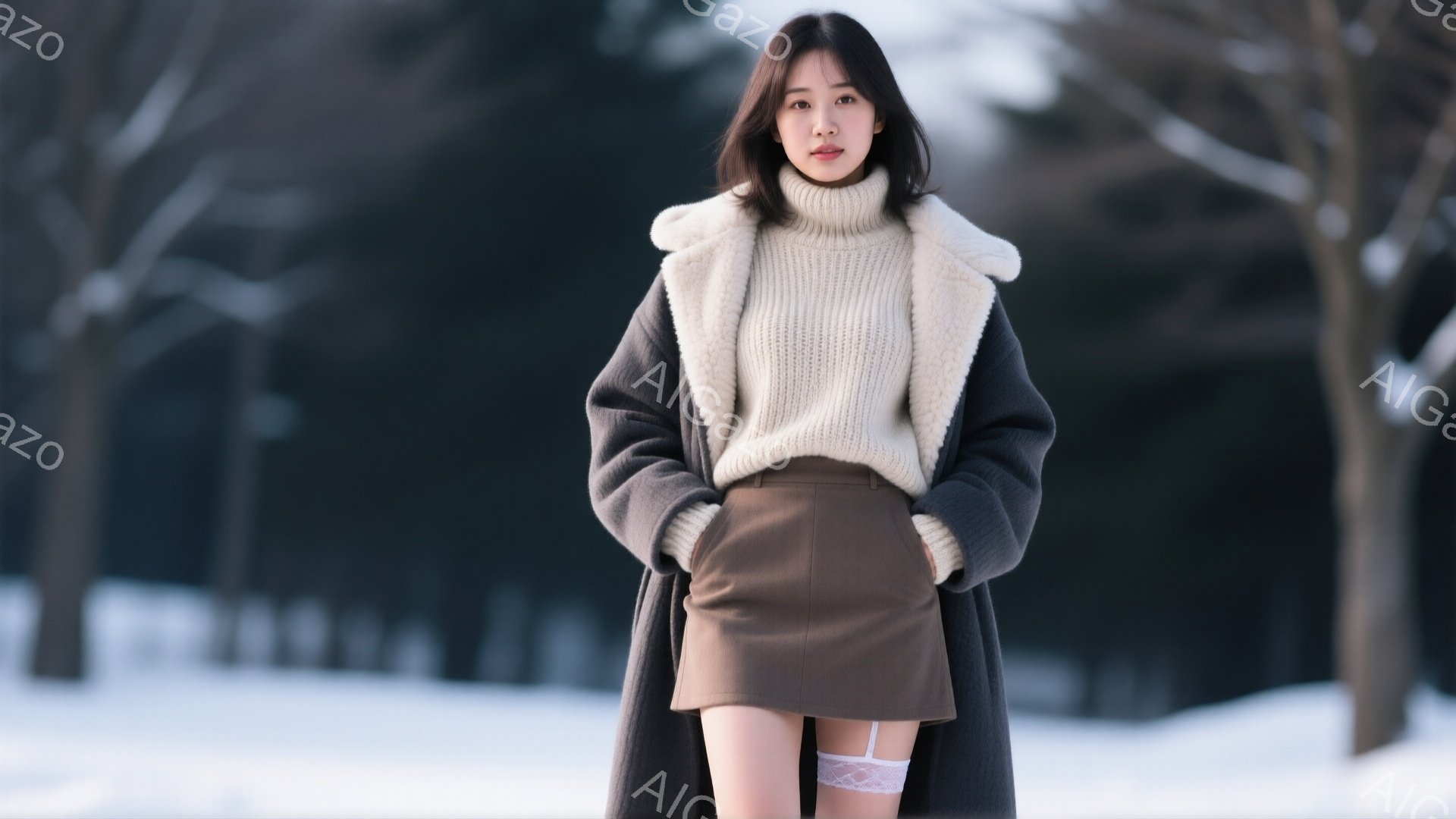 明るい茶色のセーターにグレーのコートを着た若い女性が立っている。彼女は短い茶色のスカートを履き、白いガーターベルトを着用している。背景は雪景色で、木々がぼんやりと見える冬の公園のようだ。 - AI生成フリー素材