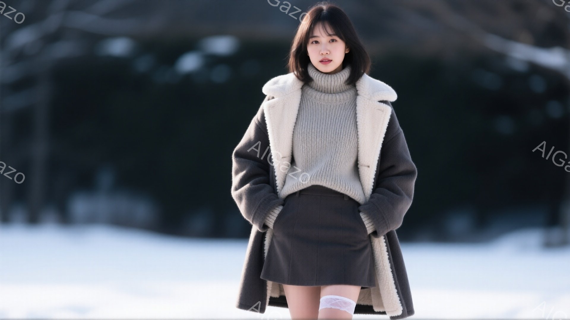 若い女性が、オフホワイトの襟付きセーターとダークグレーのミニスカート、そしてクリーム色のボア襟のコートを着ています。彼女は両手をポケットに入れ、少し微笑み、髪は肩までの長さで内側にカールしています。背景は雪景色で、ぼやけた木々や丘が見え、冬の静かで穏やかな雰囲気を醸し出しています。