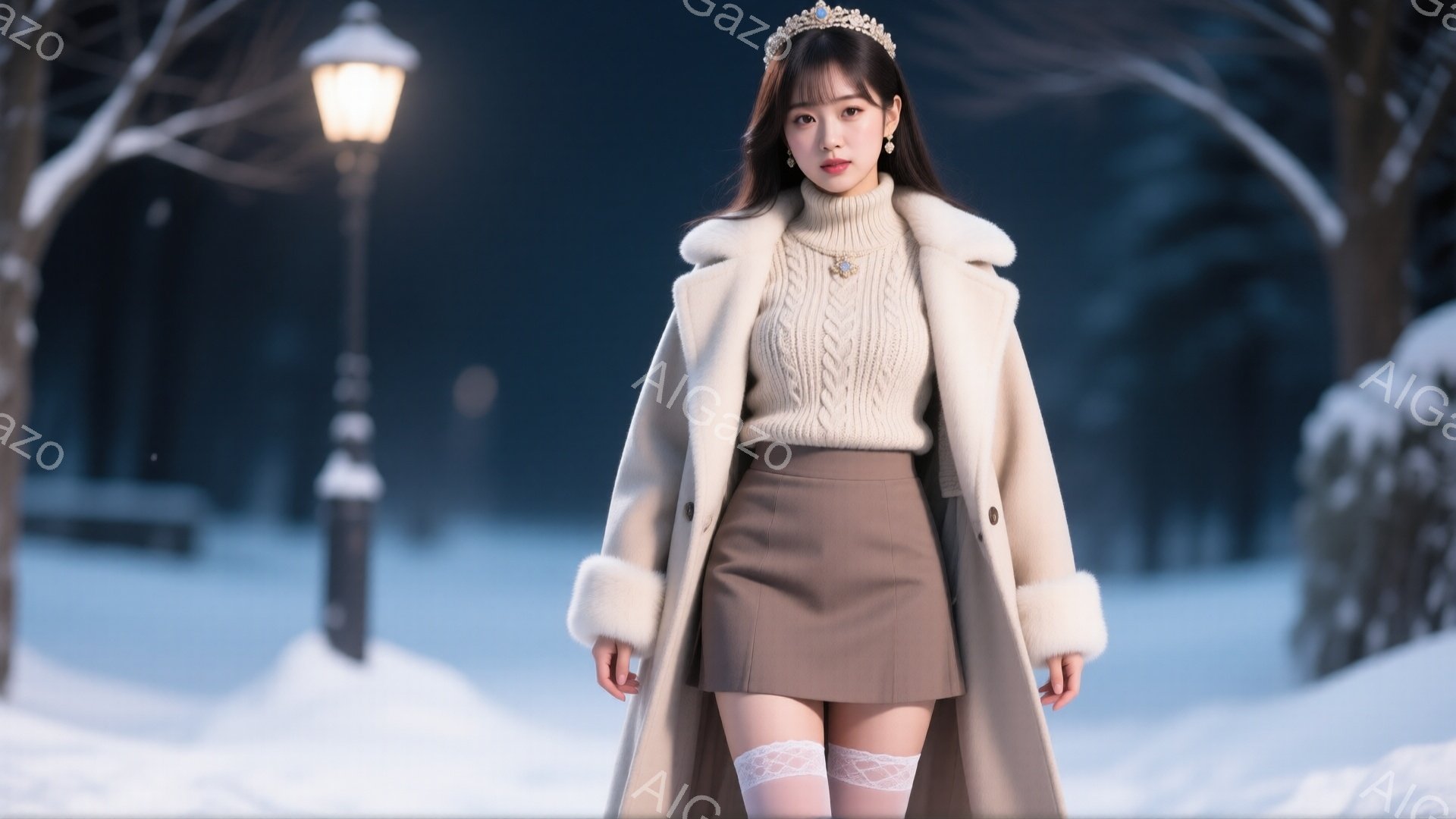 雪景色の中、金髪の女性が立っている。オフホワイトのケーブルニットセーターと、短い茶色のスカート、白いコートを身に着け、頭にはティアラをつけている。彼女は少し微笑んでおり、冬の公園の雪道に立っている様子は、上品で幻想的な雰囲気を醸し出している。