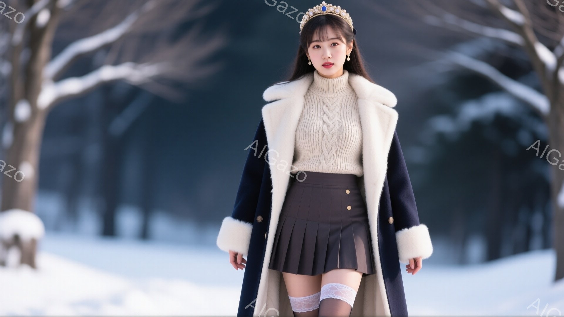 雪景色の中に立つ女性は、オフホワイトのケーブルニットセーターと、プリーツミニスカート、そしてふわふわの襟付きの濃いブルーのコートを着ています。彼女は頭にティアラをつけ、少し口を開けて微笑んでおり、姿勢 - AI生成フリー素材