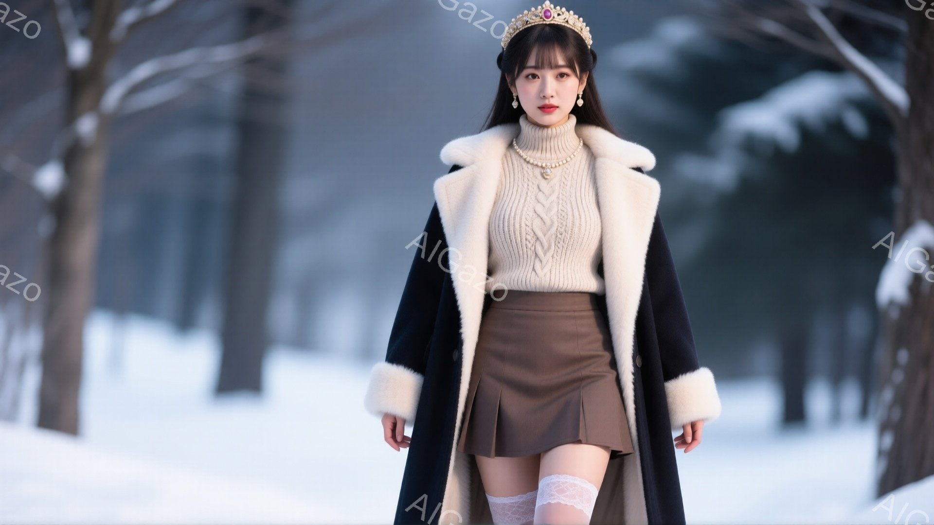 長い黒髪をなびかせ、ブラウン系のニットとプリーツスカート、そしてファー付きの黒いコートを着用した女性が写っている。頭には華やかなティアラが飾られ、赤いリップと白いレースのソックスがアクセントになってい - AI生成フリー素材