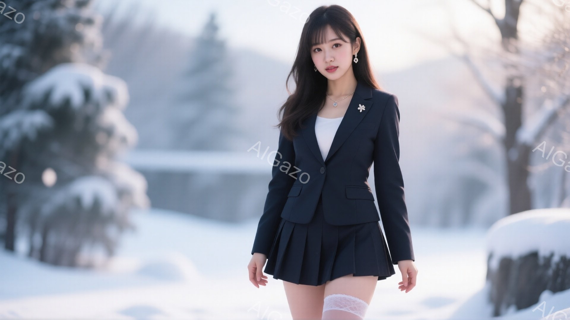 雪景色を背景に、黒いブレザーとプリーツスカートを身につけた女性が立っている。長い黒髪は肩にかかり、表情はやや微笑みを浮かべており、白いタイツとヒールが脚元を飾っている。背景は雪に覆われた木々と白い風景が広がり、冬の静寂で穏やかな雰囲気を醸し出している。