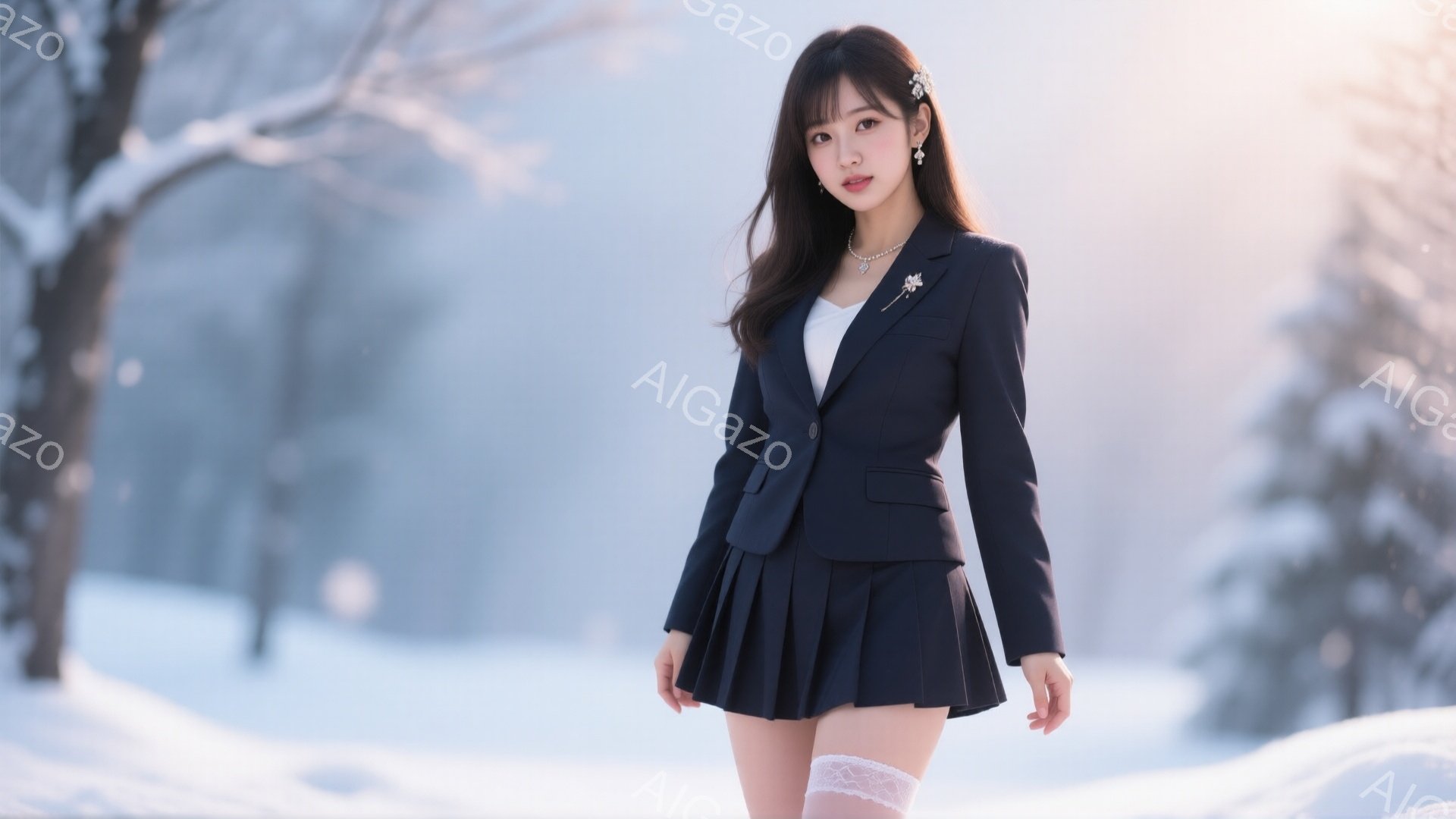 長いダークブラウンの髪に、ゆるやかなウェーブがかかり、前髪は軽くサイドに流れています。紺色のジャケットとプリーツスカートの制服のような服装で、白いインナーとレースのソックスを合わせて着用しており、表情は少し微笑みを含んだ自信に満ちたものです。背景は雪景色で、木々が白く覆われ、全体的に冬の穏やかで美しい雰囲気が漂っています。