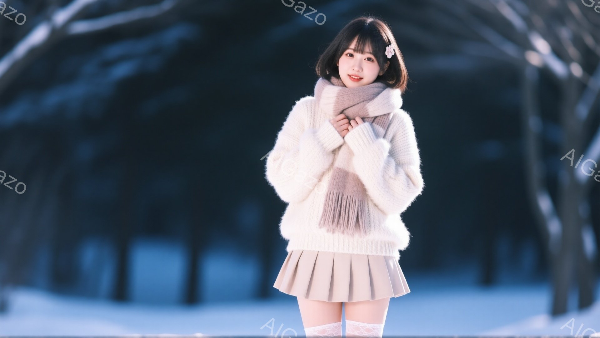 明るい茶髪のボブヘアに、白いヘアピンをつけた女性が写っています。オフホワイトの厚手のニットセーターと、プリーツのミニスカート、白いニーハイソックスを着用し、淡いピンク色のマフラーを首に巻いています。背景は雪景色で、裸木の並木道がぼやけており、全体的に柔らかく、温かい雰囲気を醸し出しています。