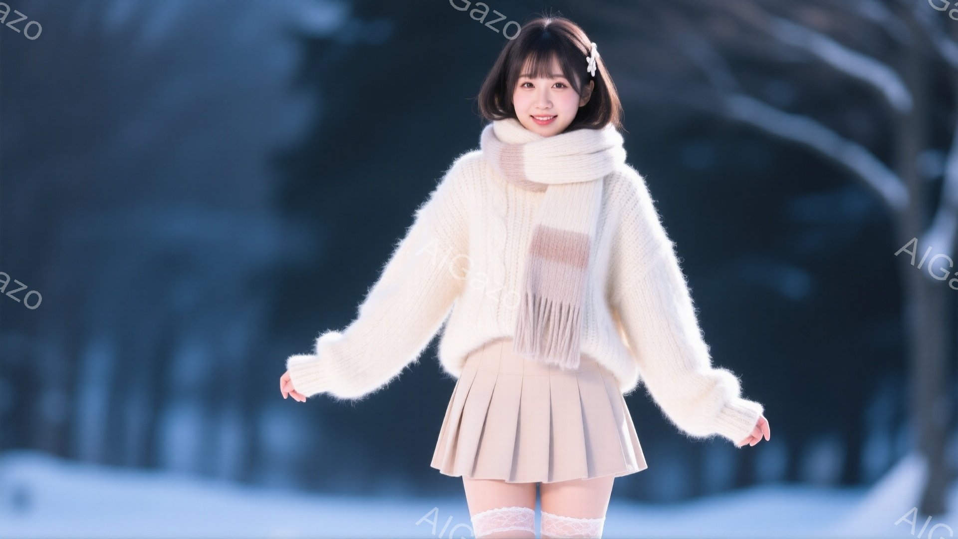 明るい笑顔の女性が、ふわふわのオフホワイトのセーターと、プリーツの淡いベージュのスカートを身につけて立っています。彼女は黒髪のショートボブで、前髪には小さな白い髪飾りをつけており、両手を広げています。 - AI生成フリー素材