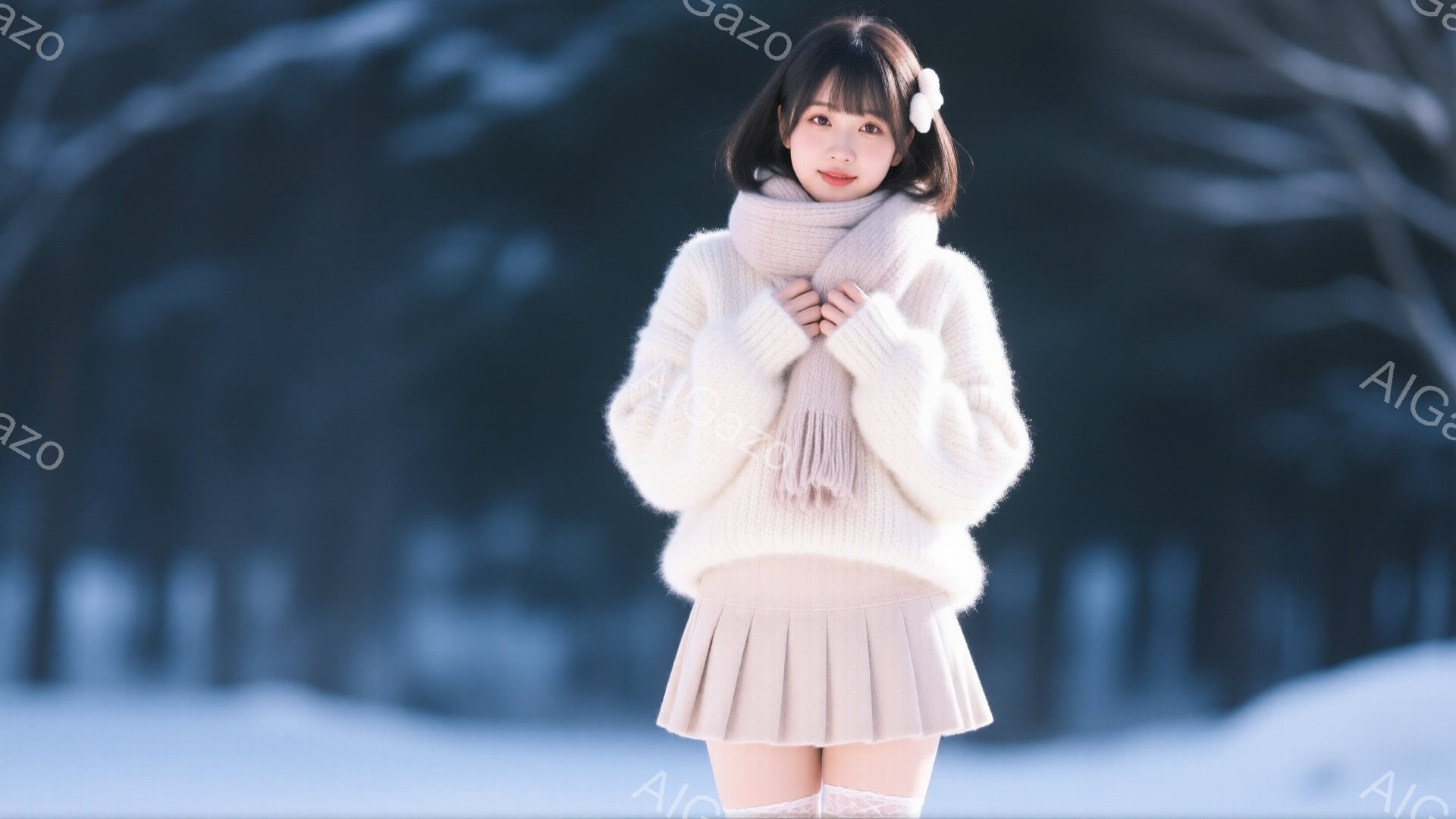 明るい茶色の髪に前髪を下ろした女性が、白いふわふわのセーターと、淡いピンク色のプリーツスカートを身に着けています。彼女は両手を胸の前で組み、少し微笑んでおり、首には白いマフラーを巻いています。背景は雪景色で、ぼやけた木々が冬の静けさを感じさせます。