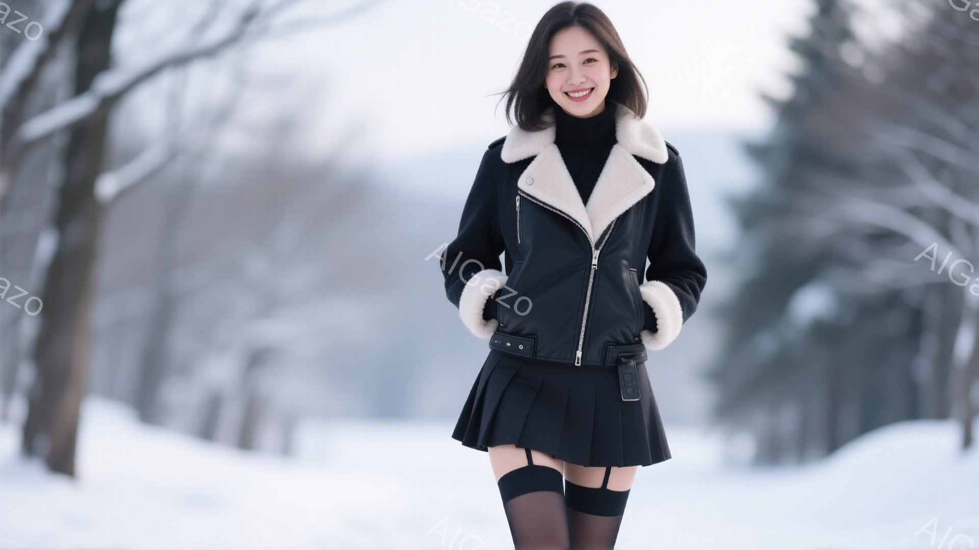 長い髪を肩のあたりで切り揃えた女性が、黒いセーターと短いプリーツスカート、そしてファーカラーの黒いジャケットを着ています。彼女は微笑んでおり、姿勢はまっすぐで、自信に満ち溢れているように見えます。背景 - AI生成フリー素材