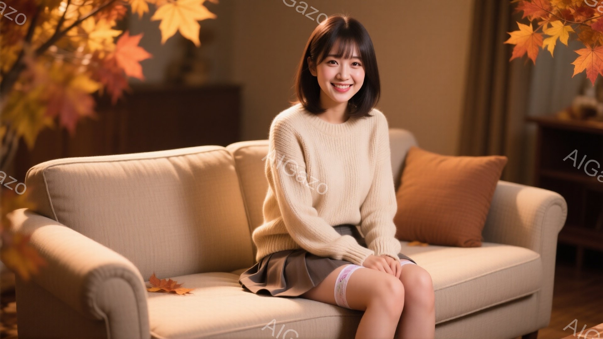 画像は、明るい笑顔を浮かべた若い女性がソファに座っている様子を捉えています。彼女はベージュのセーターとグレーのスカートを身に着け、髪は肩までの長さで、前髪が顔にかかっています。背景には、秋らしい紅葉の - AI生成フリー素材
