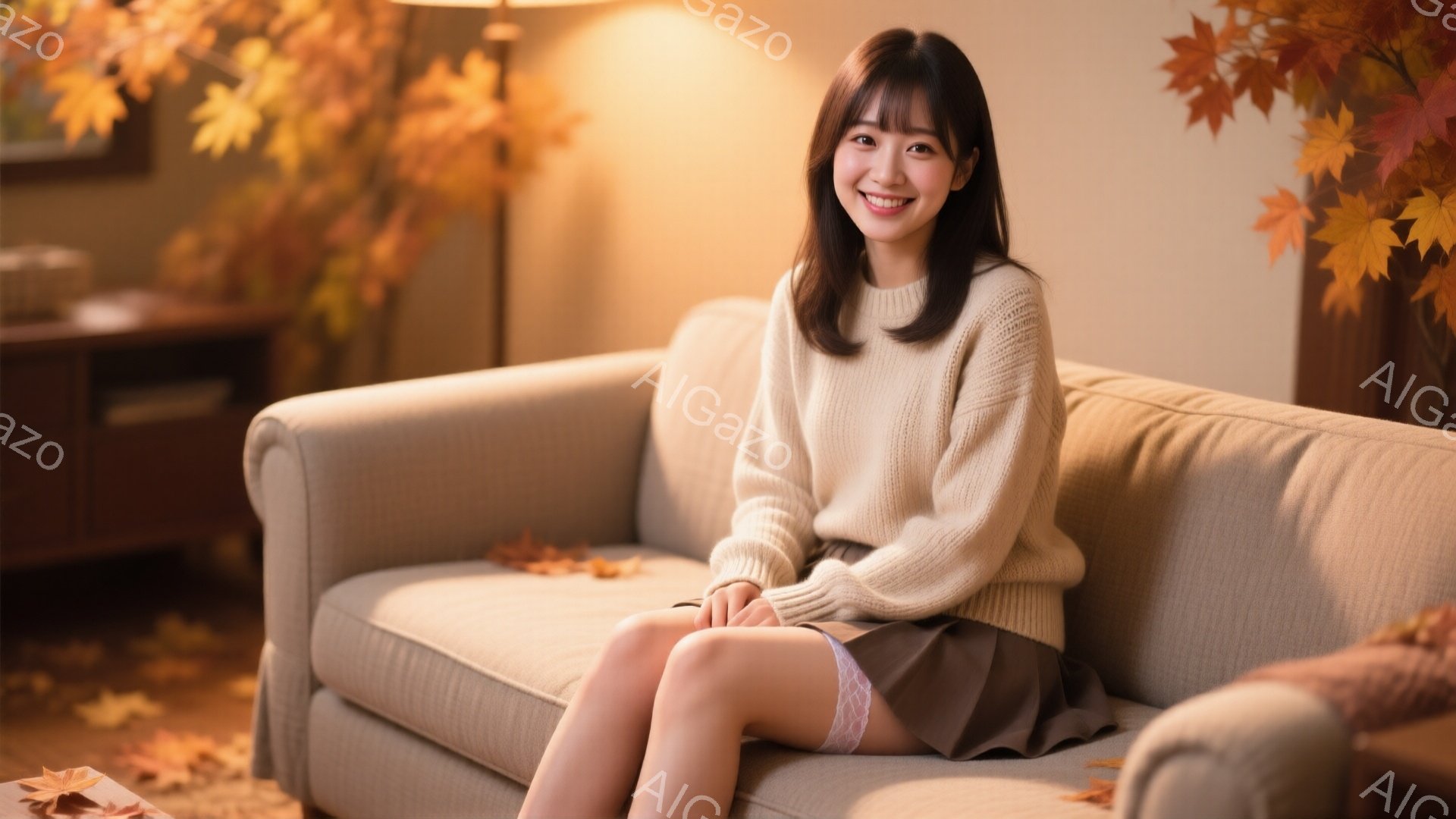明るい茶色のソファに座る若い女性が写っています。彼女はベージュのざっくりとしたセーターとダークブラウンのスカートを身に着け、微笑んでいます。背景には木製のキャビネットと紅葉の葉が散りばめられており、暖 - AI生成フリー素材