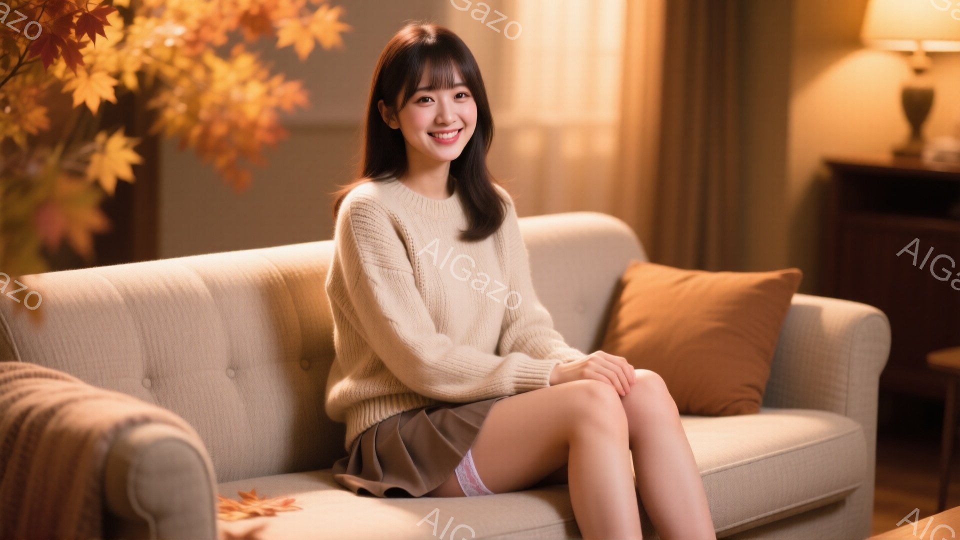 明るい茶色のセーターと灰色のスカートを身に着けた女性が、ベージュ色のソファに座っています。彼女は微笑んでおり、髪は肩にかかる長さで、内側にカールしています。背景には木製の家具と秋の葉が飾られた花瓶があ - AI生成フリー素材