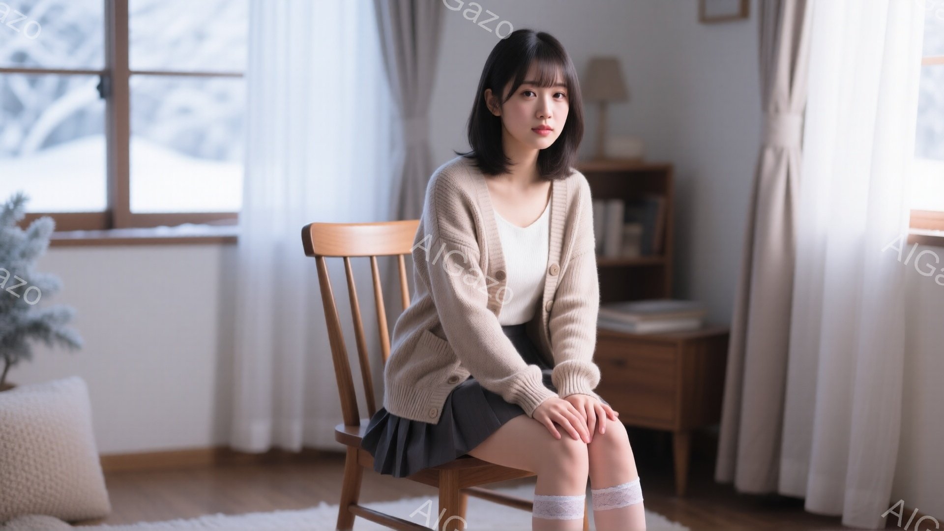 明るい室内で、若い女性が椅子に座っています。ベージュのカーディガンに白いインナー、グレーのスカートを身に着け、膝には白いソックスが見えます。表情は落ち着いており、背景には木製の家具と窓から見える雪景色 - AI生成フリー素材