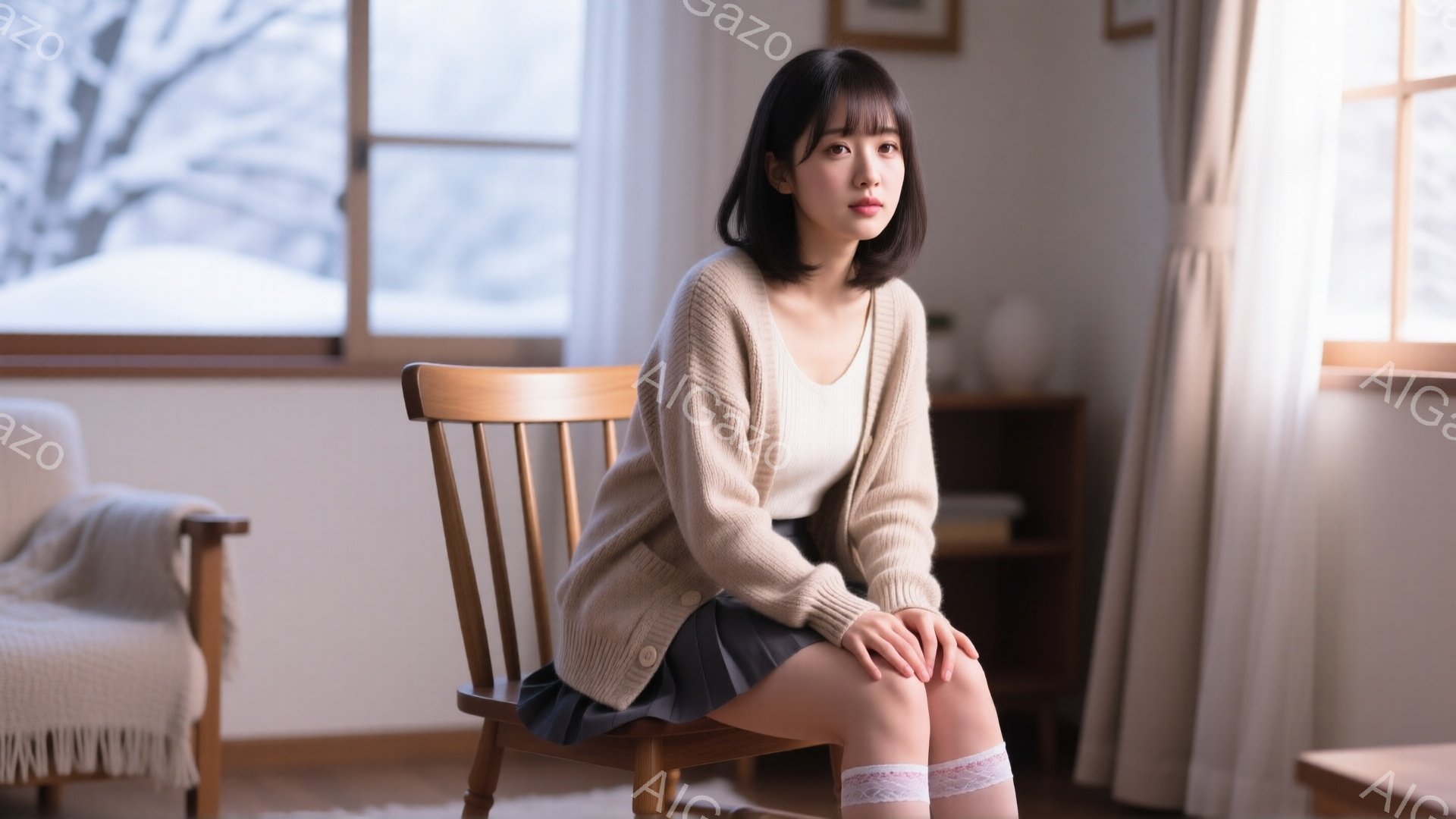 画像は、薄茶色のカーディガンと白いインナー、グレーのスカートを身に着けた若い女性が、木製の椅子に座っている様子を捉えています。彼女は控えめな笑顔を浮かべ、少し内側を見た表情で、片足をもう一方の足に重ね - AI生成フリー素材