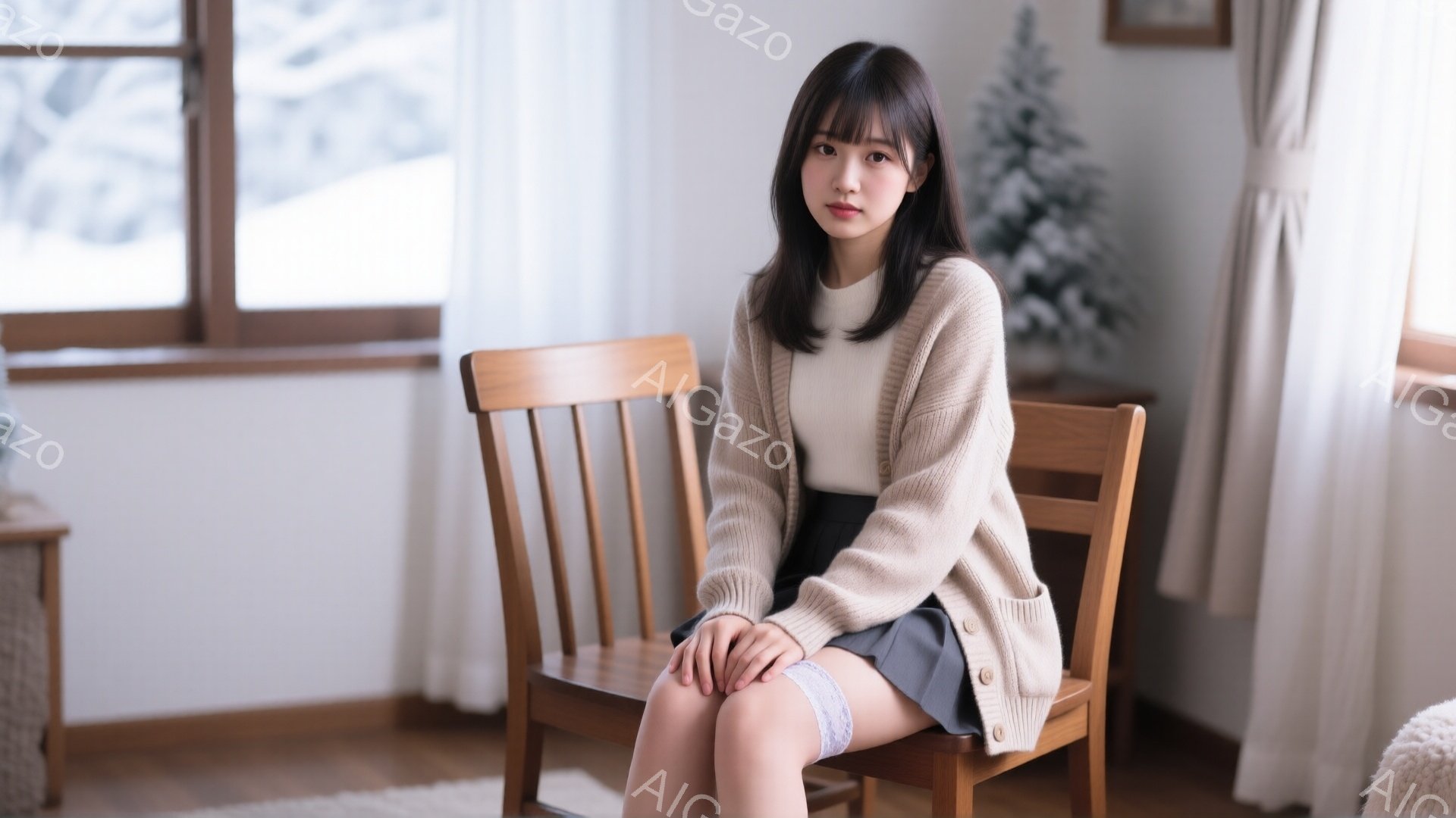 明るい室内で、茶色のカーディガンとベージュのスカートを身につけた若い女性が椅子に座っています。彼女は長い黒髪で、少し微笑んでおり、穏やかな表情をしています。窓の外には雪景色が見え、背景にはクリスマスツ - AI生成フリー素材