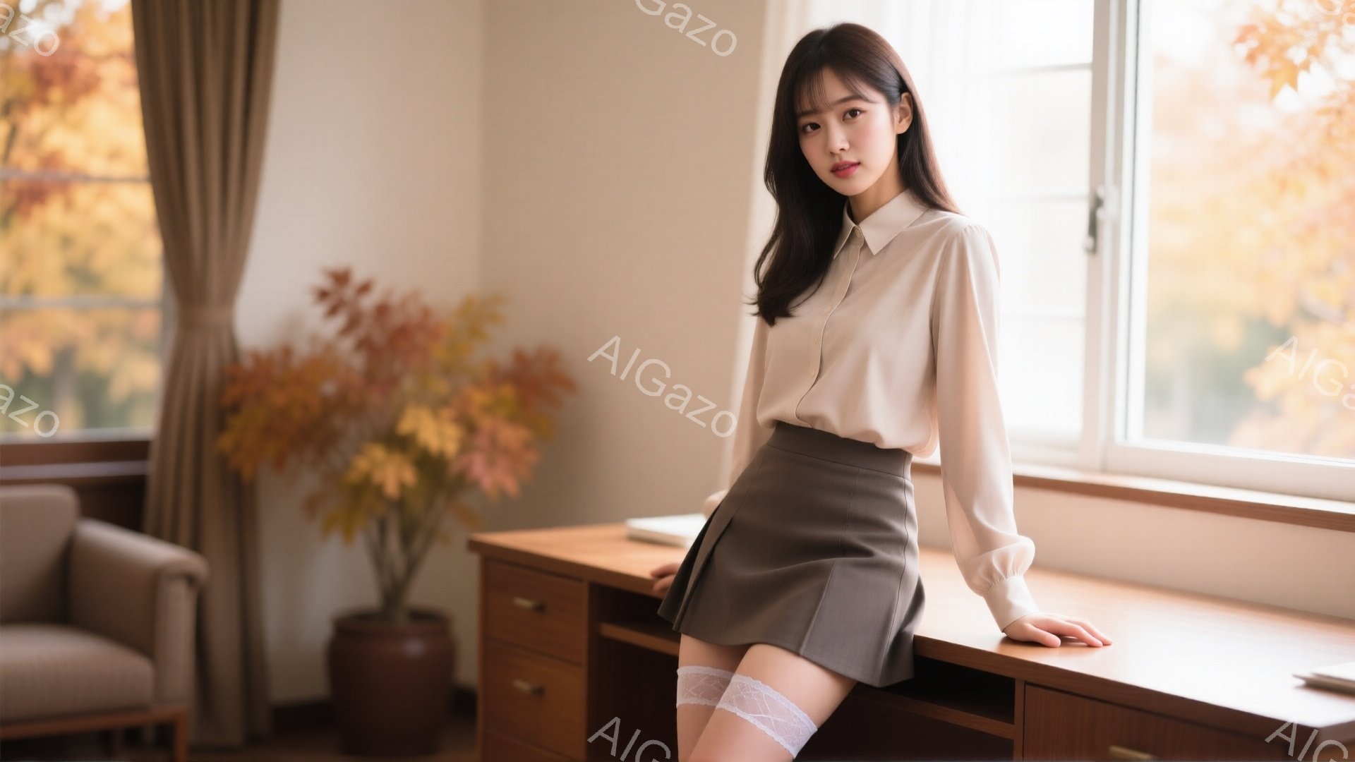 明るい光が差し込む室内で、若い女性がブラウンの短いスカートとオフホワイトのブラウスを着ています。彼女は膝を曲げて机にもたれかかり、少し微笑んだ表情でカメラを見ています。背景には植物が置かれた家具と窓か - AI生成フリー素材