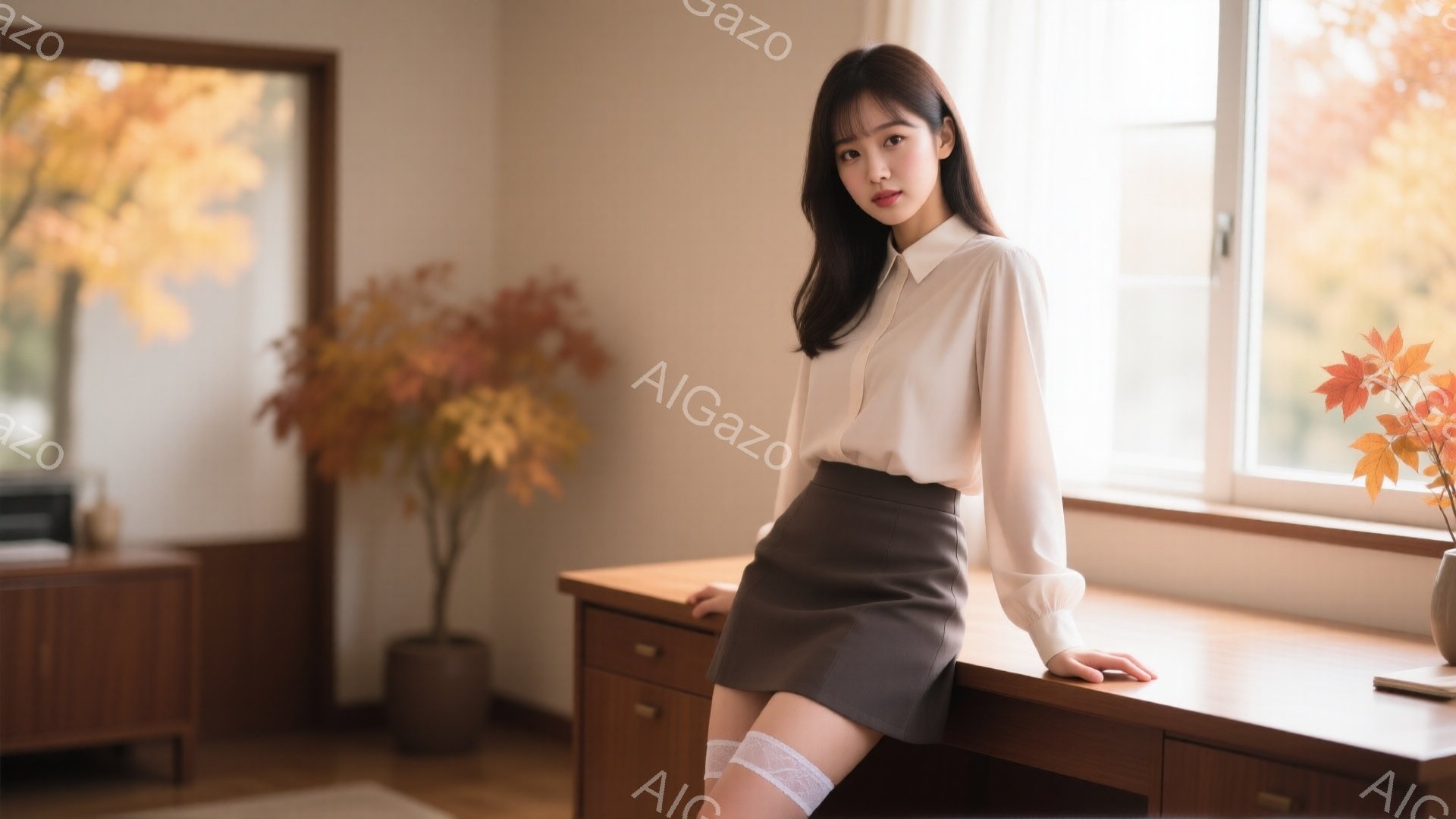 明るい室内で、茶色の短いスカートと白いブラウスを着た女性が写っている。彼女は椅子にもたれかかり、片手を机に置き、わずかに微笑んでいる。背景には紅葉した木の枝が入った花瓶と、木製のキャビネットや窓からの - AI生成フリー素材