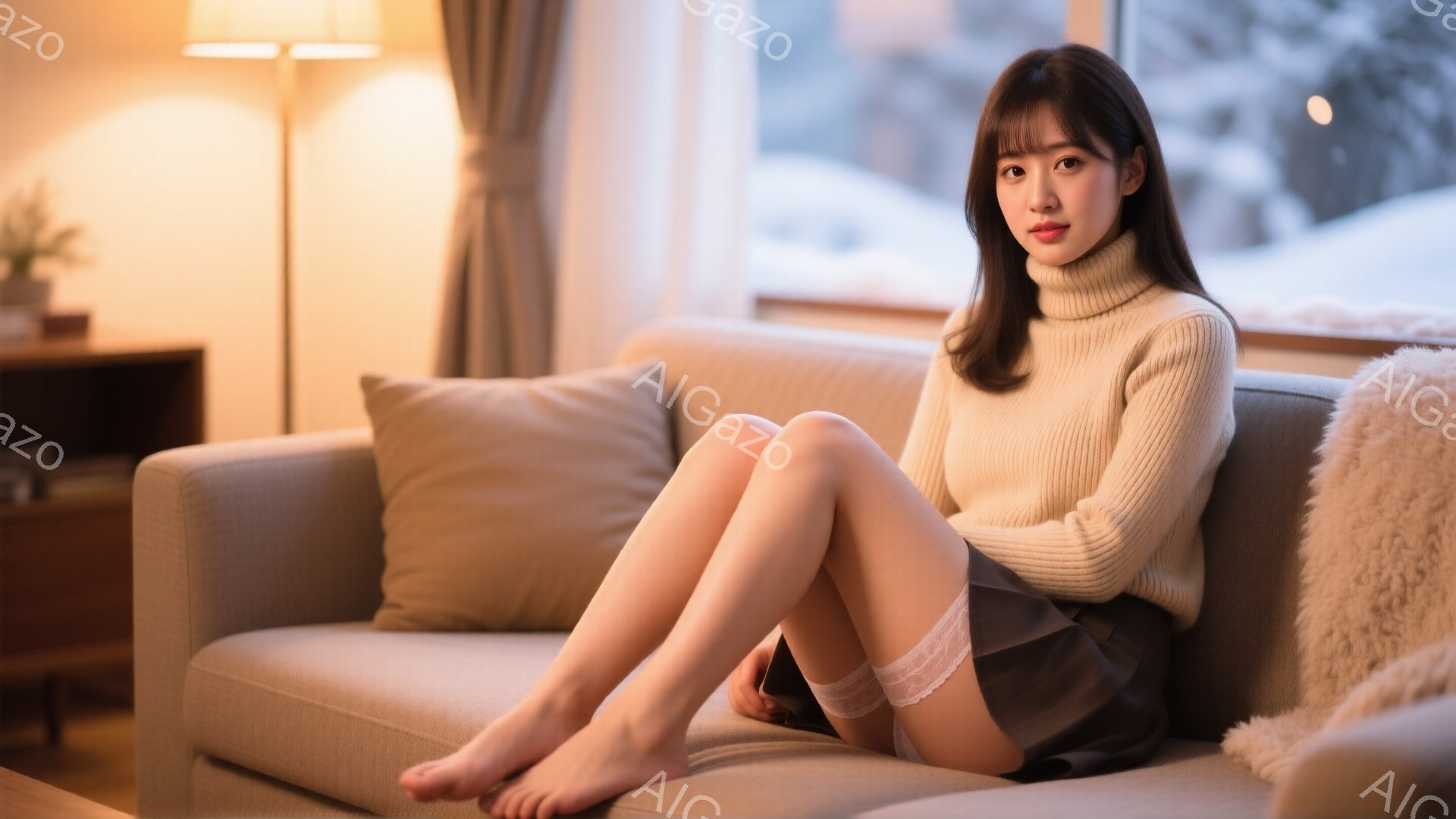 若い女性が明るいリビングルームのソファに座っています。ベージュのタートルネックセーターとダークブラウンのスカートを身に着け、足は裸足です。窓の外には雪景色が広がり、暖かくリラックスした雰囲気を作り出し - AI生成フリー素材