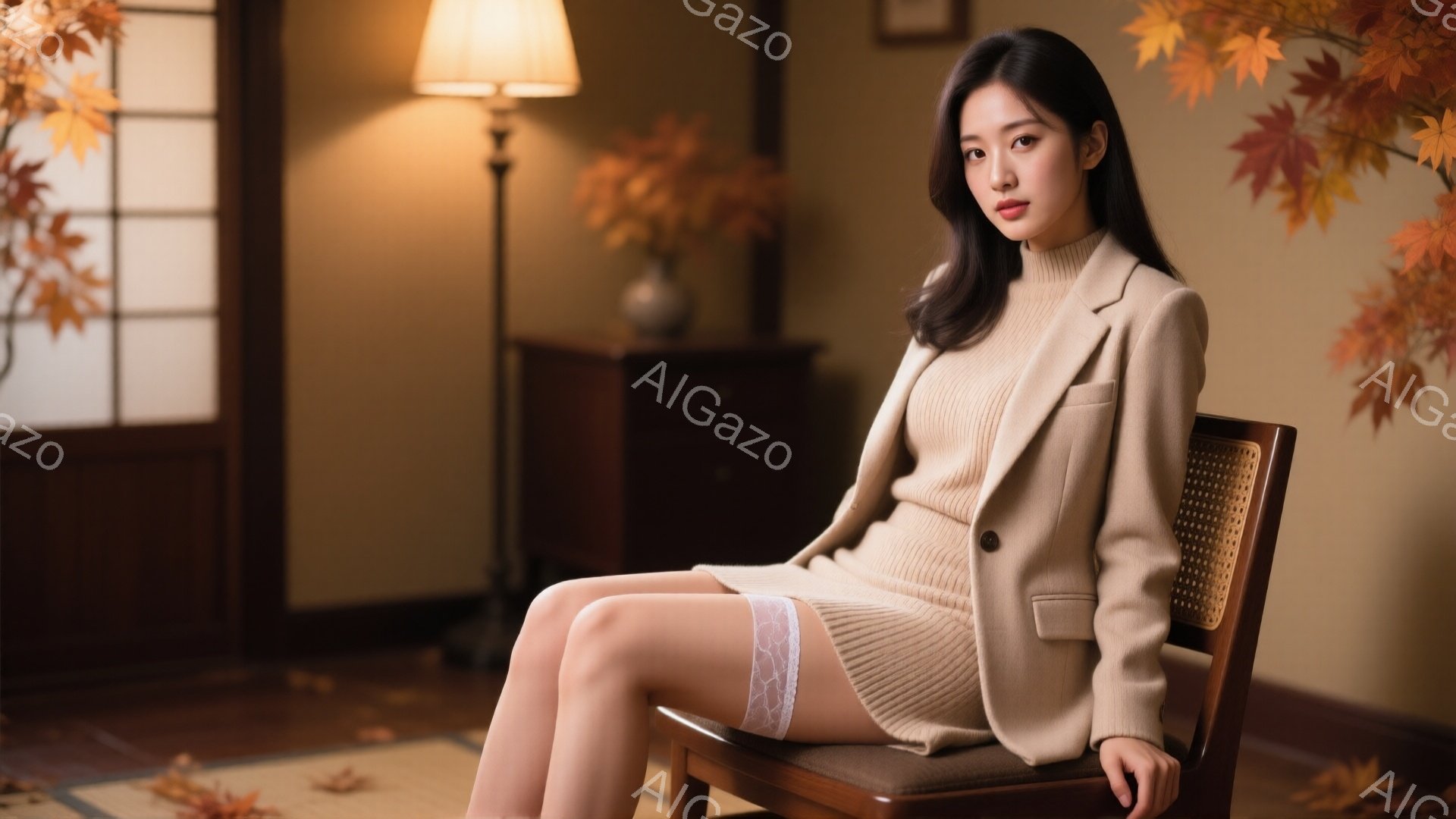 明るい茶色のニットのセットアップを身につけた女性が椅子に座っています。彼女は黒髪で、控えめな微笑みを浮かべています。背景には木製の家具と、窓の外の紅葉が見え、暖かく落ち着いた雰囲気を醸し出しています。 - AI生成フリー素材