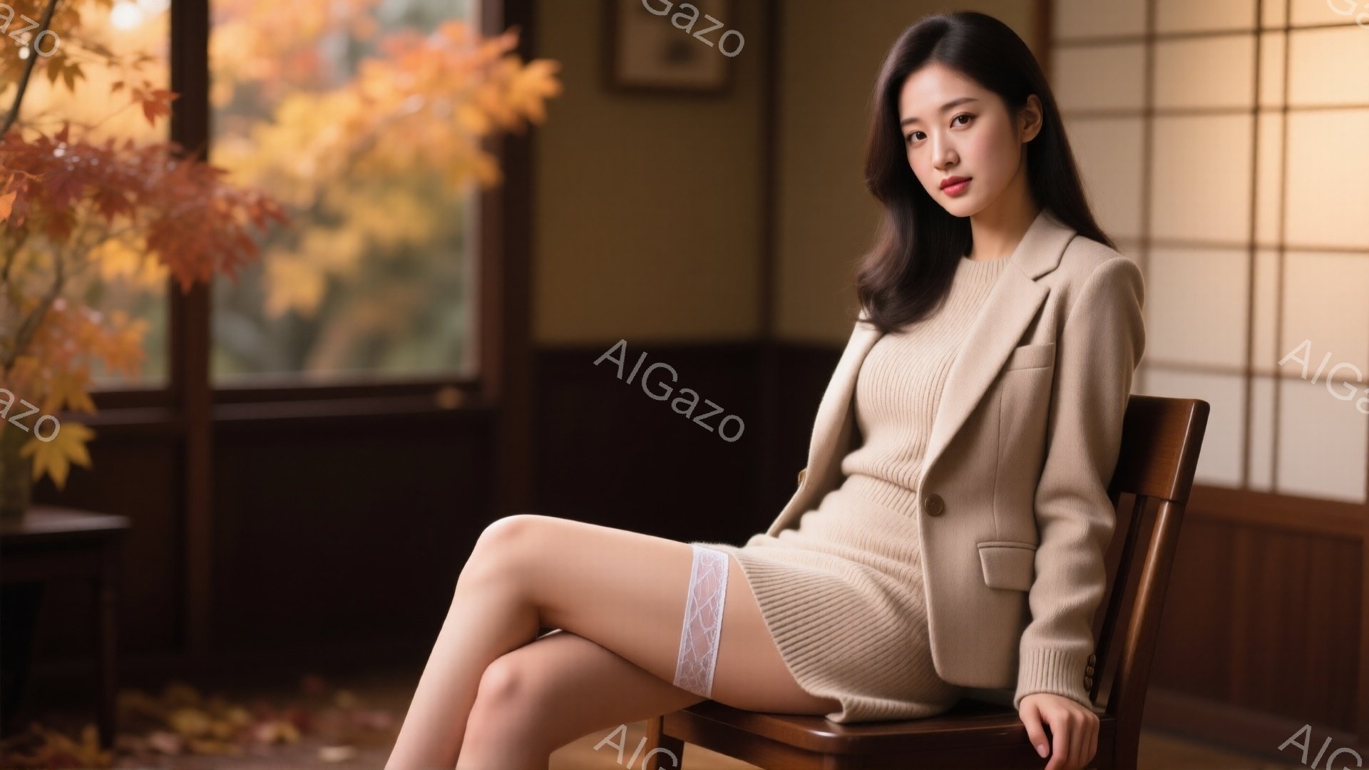 明るい茶色のニットのセットアップを着た若い女性が、木製の椅子に座ってこちらを見ている。彼女はゆるやかなウェーブのかかった長い髪を持ち、薄いメイクで控えめな笑顔を浮かべている。窓の外には紅葉が広がってお - AI生成フリー素材