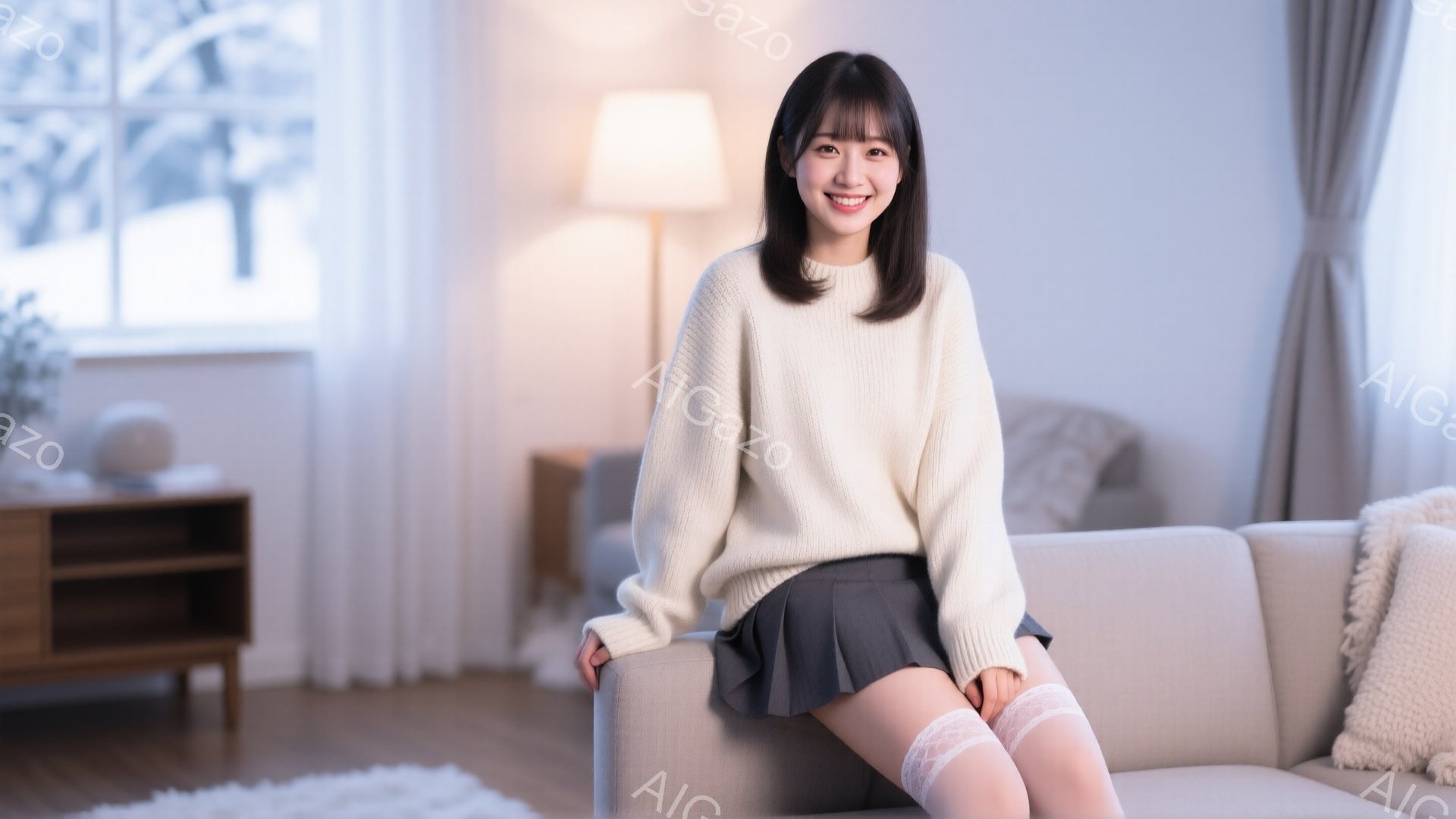 明るいリビングルームで、若い女性がソファに座っています。彼女はオフホワイトのニットセーターとグレーのプリーツスカート、白いレースのソックスを着用し、笑顔でカメラを見ています。背景には窓、キャビネット、 - AI生成フリー素材