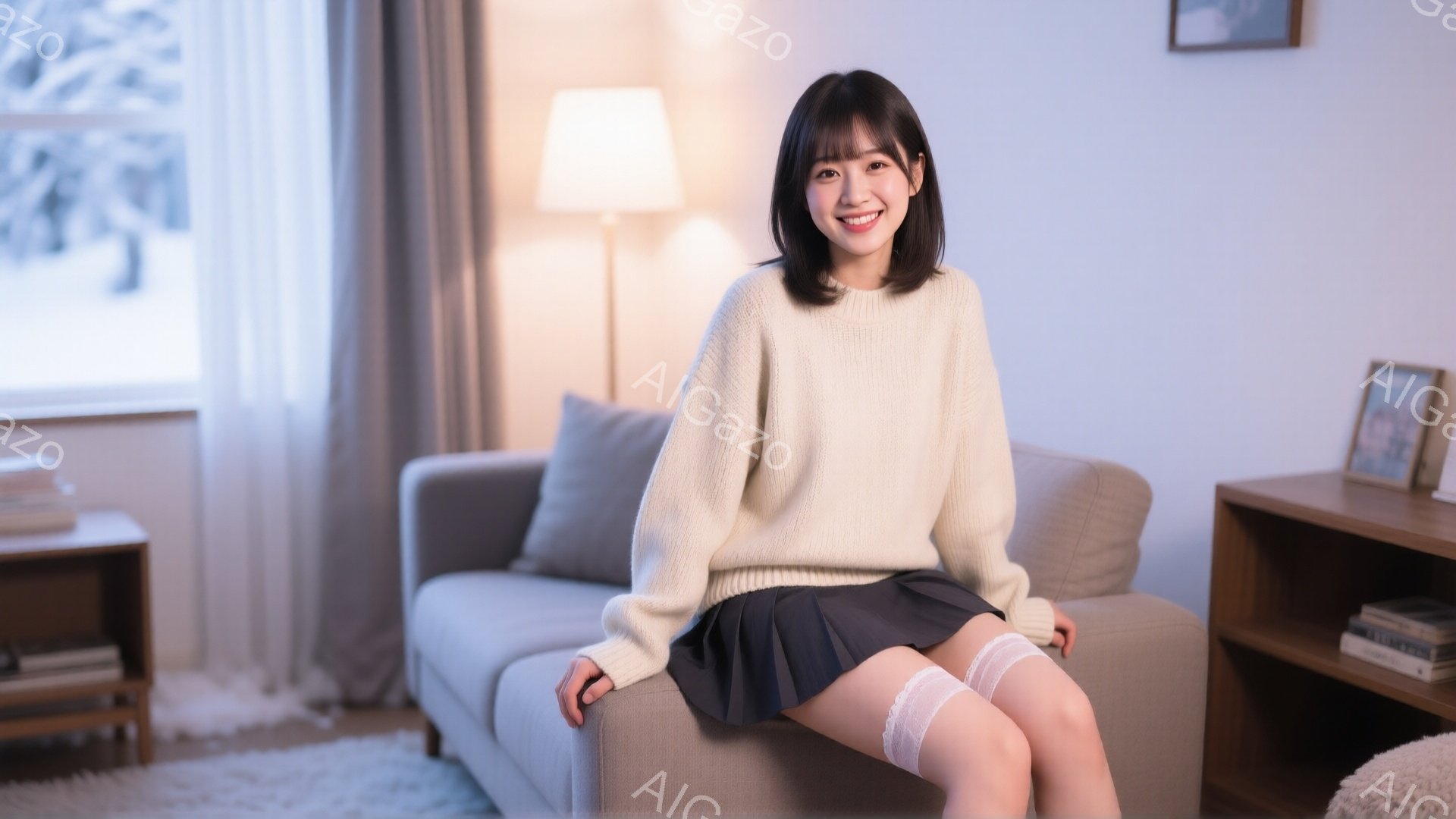 明るいリビングルームのソファに座る若い女性が写っています。オフホワイトのざっくりとしたニットセーターと、紺色のプリーツスカート、白いニーハイソックスを着用し、微笑んでいます。背景には窓から差し込む光、 - AI生成フリー素材
