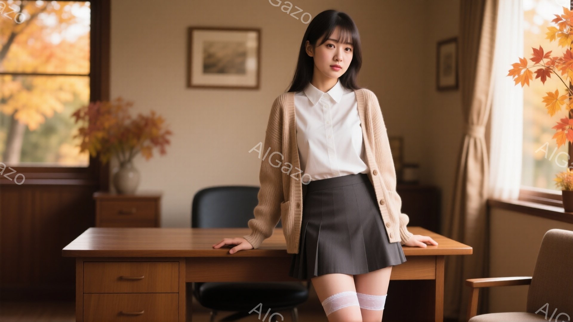 長い黒髪を無造作に垂らし、ベージュのカーディガンと白いシャツ、グレーのプリーツスカートを着用した女性が、木製の机にもたれかかっている。彼女は微笑んでおり、白いニーハイソックスが覗いている。窓からは紅葉 - AI生成フリー素材