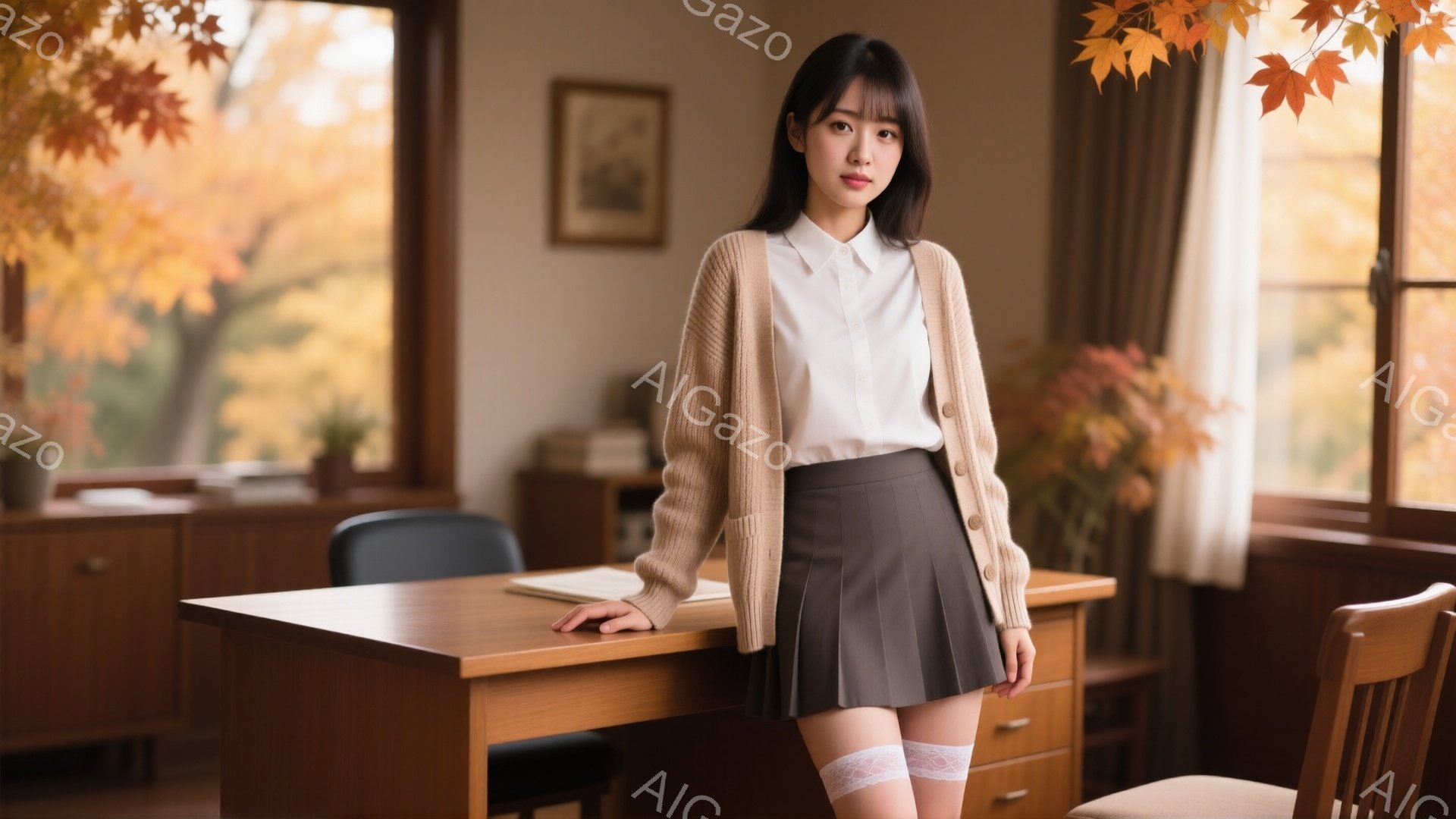 長い黒髪で、前髪は軽くカールしています。白いシャツにベージュのカーディガン、そして茶色のプリーツスカートを着用し、白いハイソックスを履いています。彼女は木の机にもたれており、わずかに微笑んでカメラを見ています。