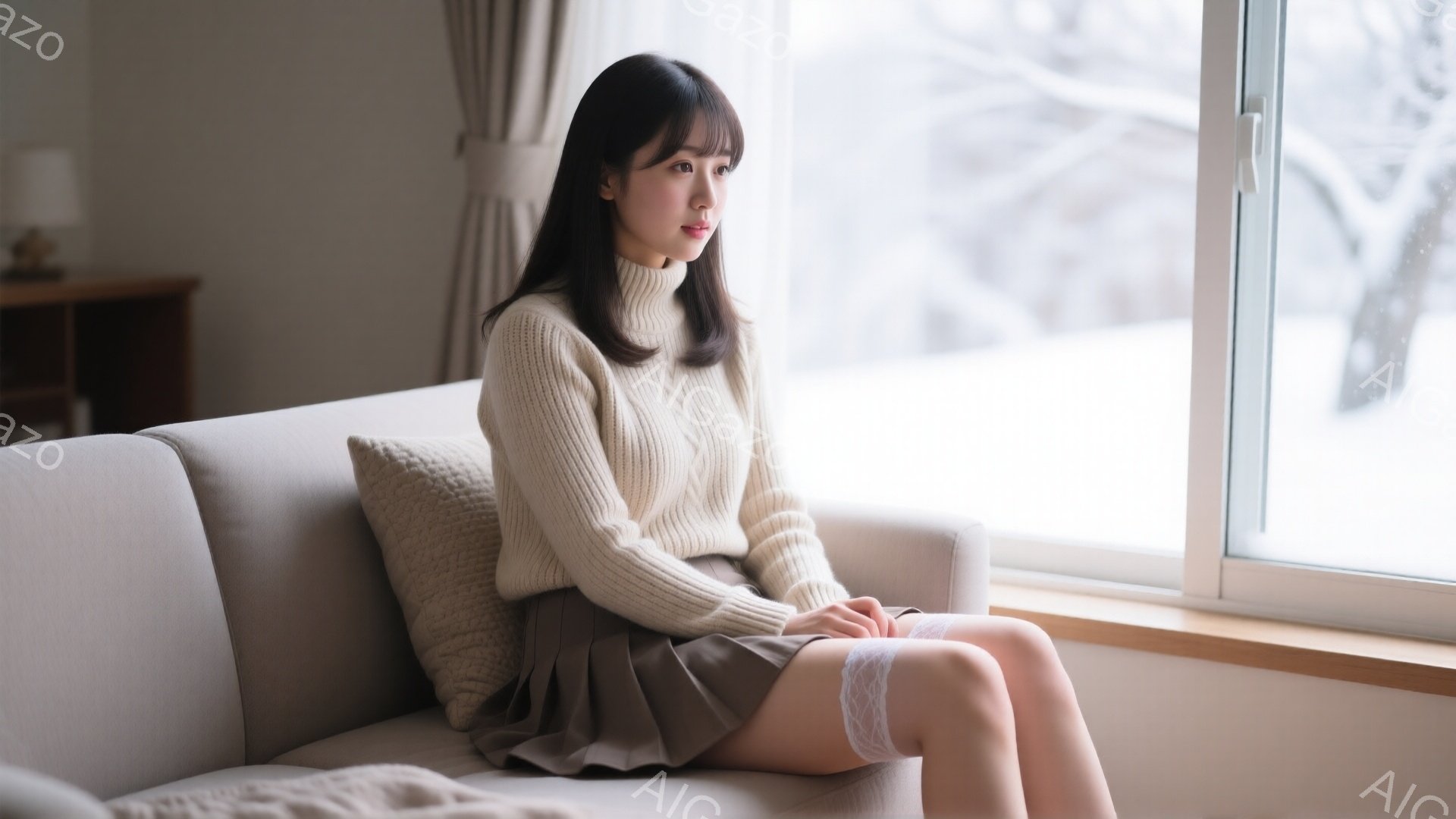 長い黒髪の女性が、窓辺のソファに座っています。オフホワイトのざっくりとしたニットセーターと、ライトグレーのプリーツスカートを着用し、白いレースのついたストッキングを履いています。外には雪が降っており、 - AI生成フリー素材
