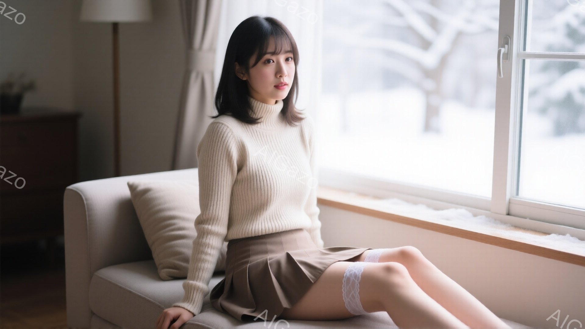 明るい茶色のセーターと、同じく明るい茶色のプリーツスカートを着用した若い女性が、窓際のソファに座っています。彼女は黒髪のショートボブで、わずかに微笑んでおり、落ち着いた雰囲気を醸し出しています。窓の外 - AI生成フリー素材