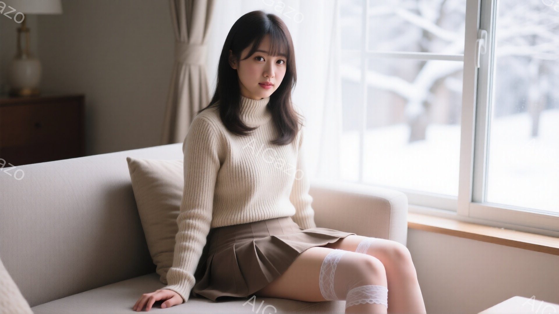 長い茶色の髪を肩にかかったようにした若い女性が、クリーム色のセーターと茶色のプリーツスカートを着て、白いソファーに座っています。彼女は少し微笑んでおり、落ち着いた表情をしています。窓の外には雪景色が広 - AI生成フリー素材