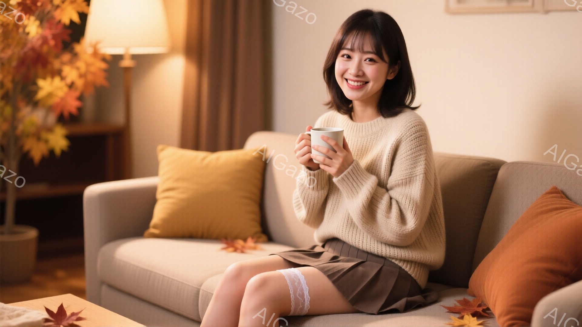 明るいリビングルームで、女性がベージュのニットセーターと茶色のプリーツスカートを着てソファに座っています。彼女は微笑んでおり、片手に白いマグカップを持っています。背景には、秋らしい紅葉の木と、オレンジ - AI生成フリー素材