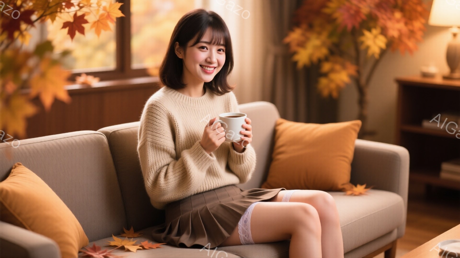 明るい笑顔の若い女性が、ベージュ色のセーターとグレーのプリーツスカートを着て、ソファーに座っています。彼女は片手に白いマグカップを持ち、リラックスした姿勢でカメラを見つめています。背景には、秋らしい紅 - AI生成フリー素材