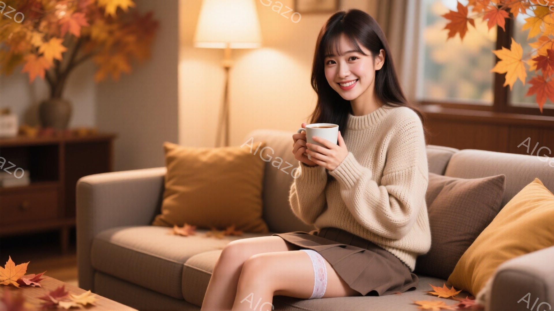 明るいリビングルームで、ニットセーターとミニスカートを身につけた若い女性がソファに座り、温かい飲み物を手に持っています。彼女は微笑んでいて、リラックスした表情をしています。背景には、オレンジ色の紅葉の装飾や、木製のキャビネットとランプが見え、秋の穏やかな雰囲気が漂っています。