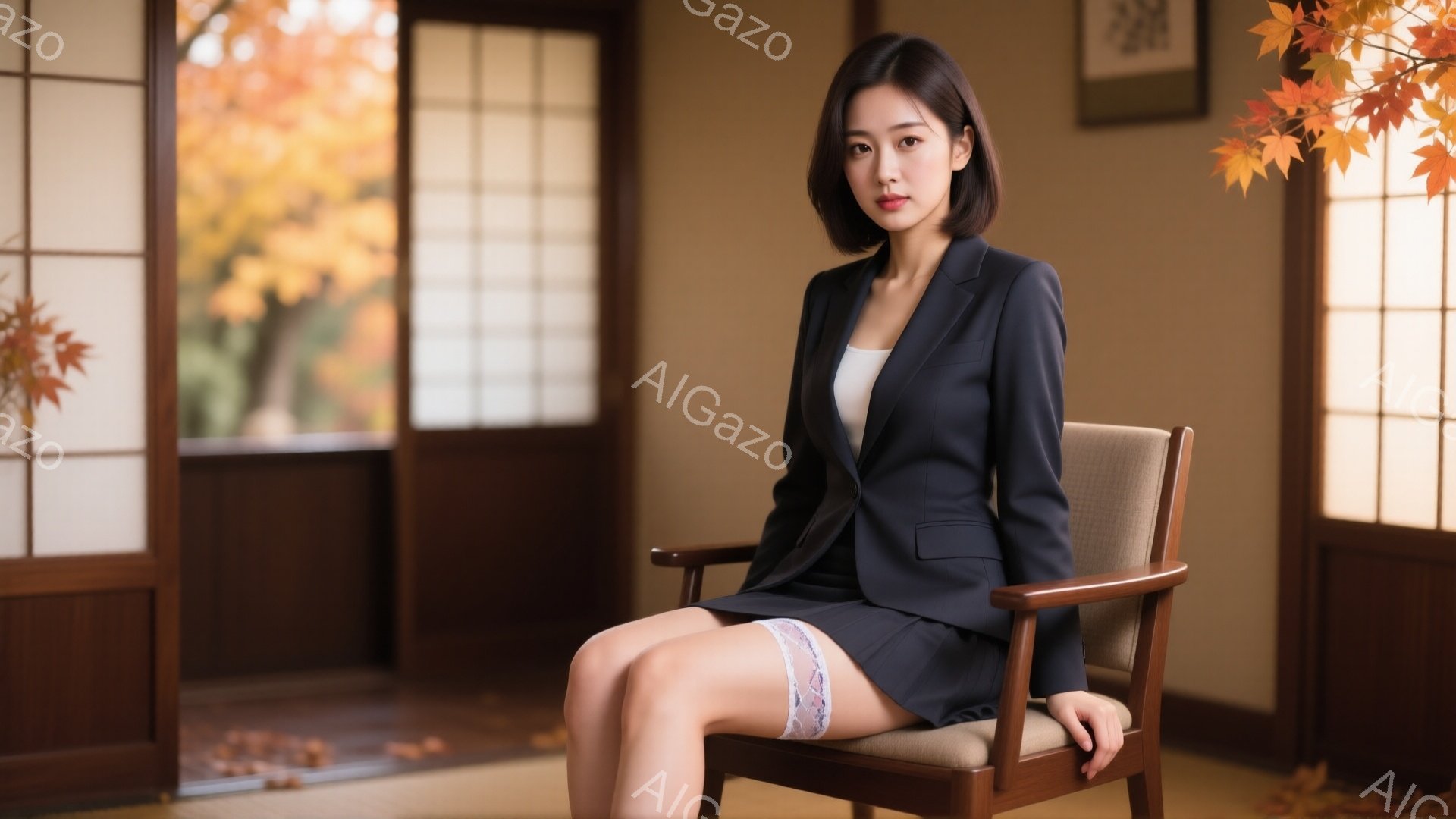 彼女はグレーのスーツジャケットとスカートを着用し、白いインナーを合わせています。椅子に浅く腰掛け、片方の足を少し前に出し、膝が少し開いています。背景には和風の格子戸と紅葉の木が見え、室内は暖色系の落ち着いた雰囲気です。
