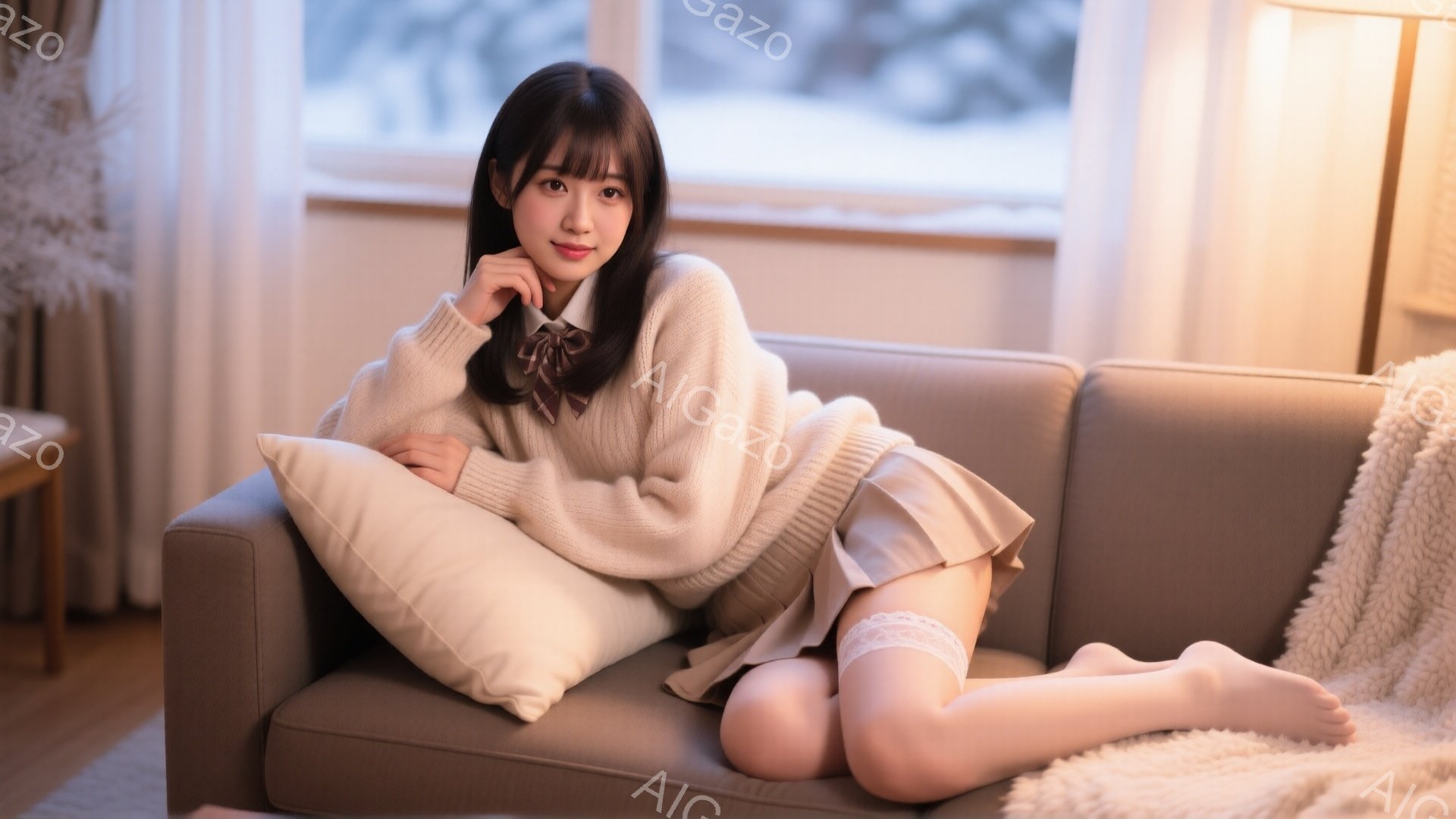 茶色のソファに座った若い女性は、オフホワイトのオーバーサイズニットと、チェック柄のリボンが付いた白いスカートを身に着けている。彼女は足を組んで座り、片手を顎に当てて微笑んでおり、落ち着いた表情をしている。背景には大きな窓があり、雪景色が広がっているのが見える、暖かく居心地の良い雰囲気の室内である。