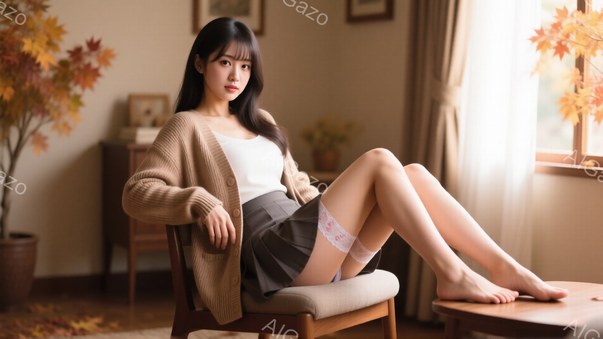 長い黒髪の女性が、ベージュのカーディガンと白いタンクトップ、グレーのスカートを身につけて椅子に座っています。彼女は足を組み、無表情でカメラを見つめており、スカートの下からはレースのフリルが覗いています - AI生成フリー素材