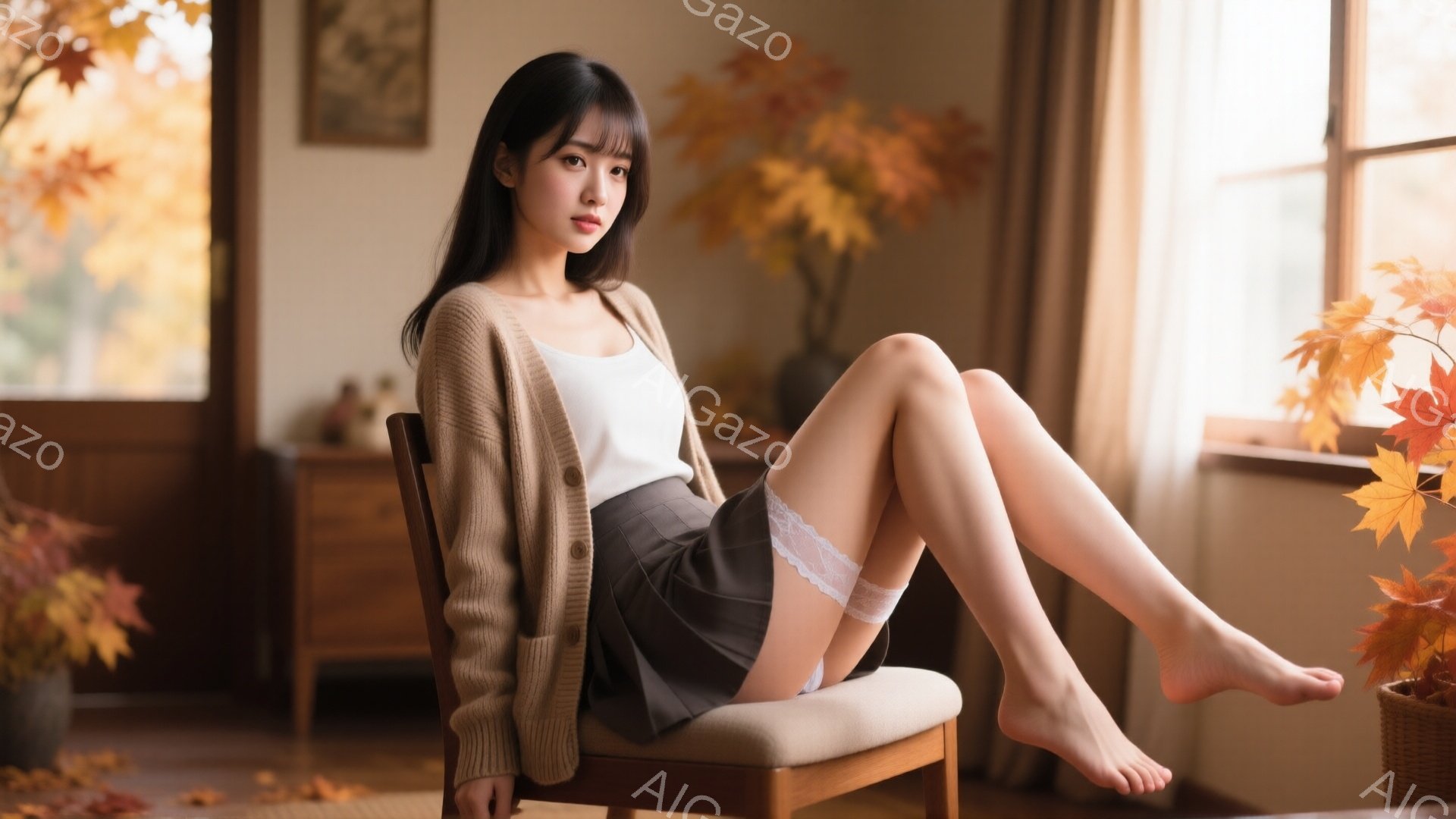長い黒髪の女性が、ベージュのカーディガンと白いタンクトップ、グレーのスカートを着て椅子に座っています。彼女は足を組み、素足でリラックスした様子で、少し憂いを帯びた表情をしています。背景には木製の家具と - AI生成フリー素材