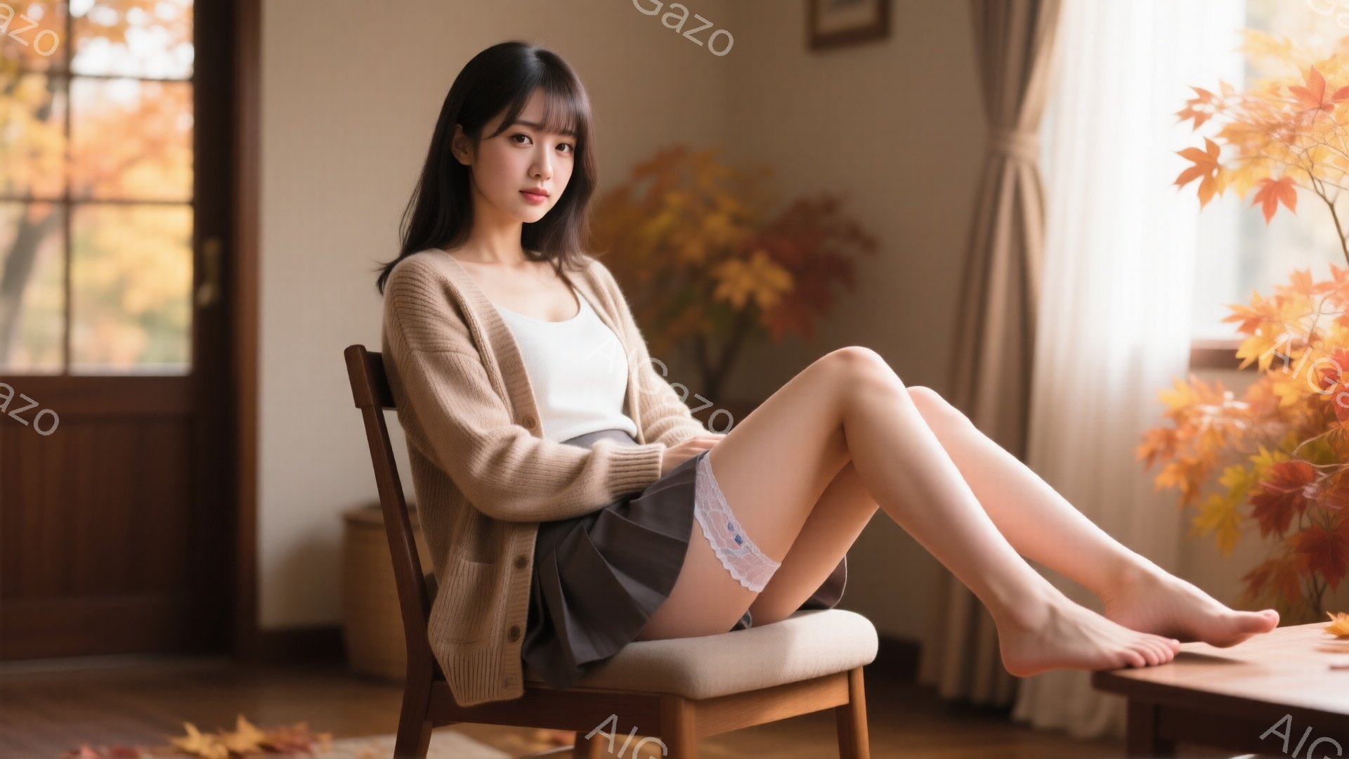 長い黒髪をセンターパートにした女性が、ベージュのカーディガンと白いタンクトップ、グレーのスカートを身につけて椅子に座っています。彼女は足を組んでおり、足は裸です。背景には、窓から差し込む光が秋の紅葉を - AI生成フリー素材