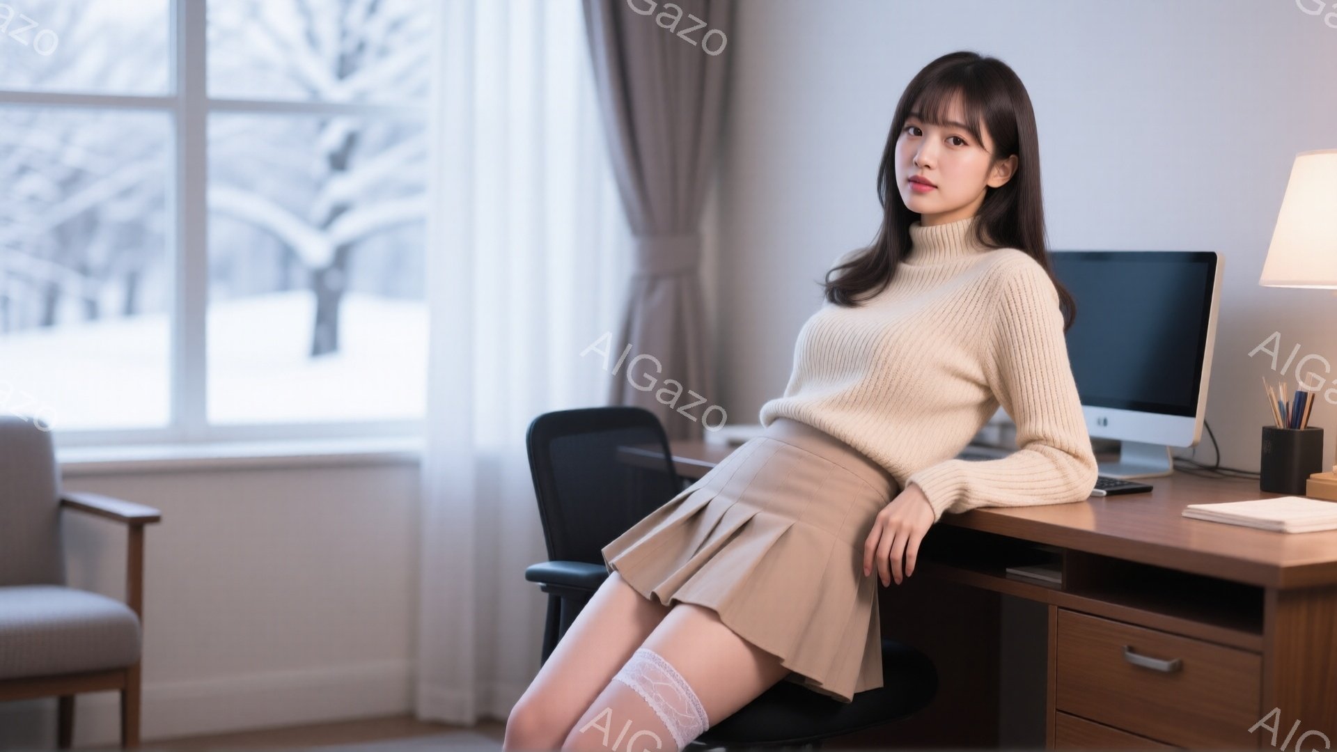 長い茶色の髪を持つ若い女性が、明るいベージュのセーターとフレアスカートを身に着けて椅子に座っています。彼女は足を組み、少し微笑んでカメラを見つめており、リラックスした雰囲気です。背景には窓から見える雪 - AI生成フリー素材