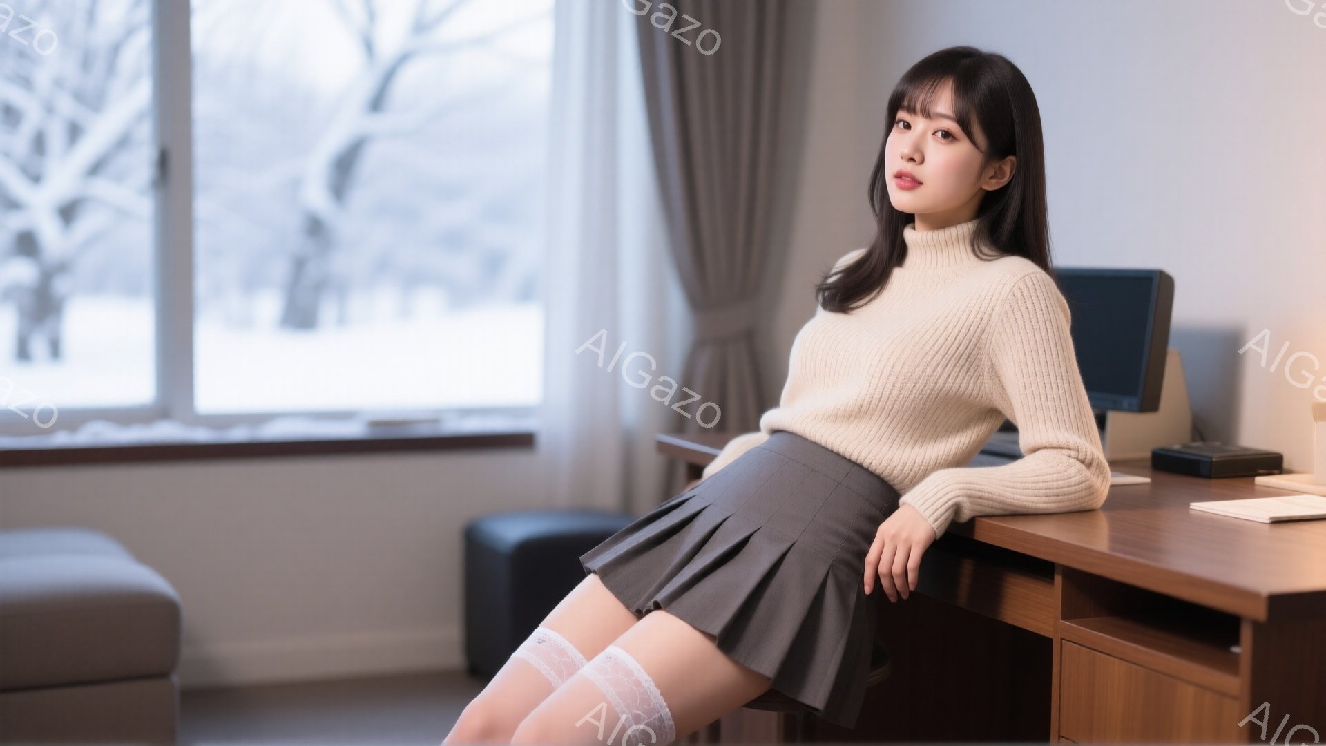 長い黒髪の女性が、ベージュのセーターとグレーのプリーツスカートを身につけている。彼女は机にもたれかかって座っており、表情は少し微笑んでいるように見える。窓の外には雪景色が広がり、室内は落ち着いた雰囲気 - AI生成フリー素材