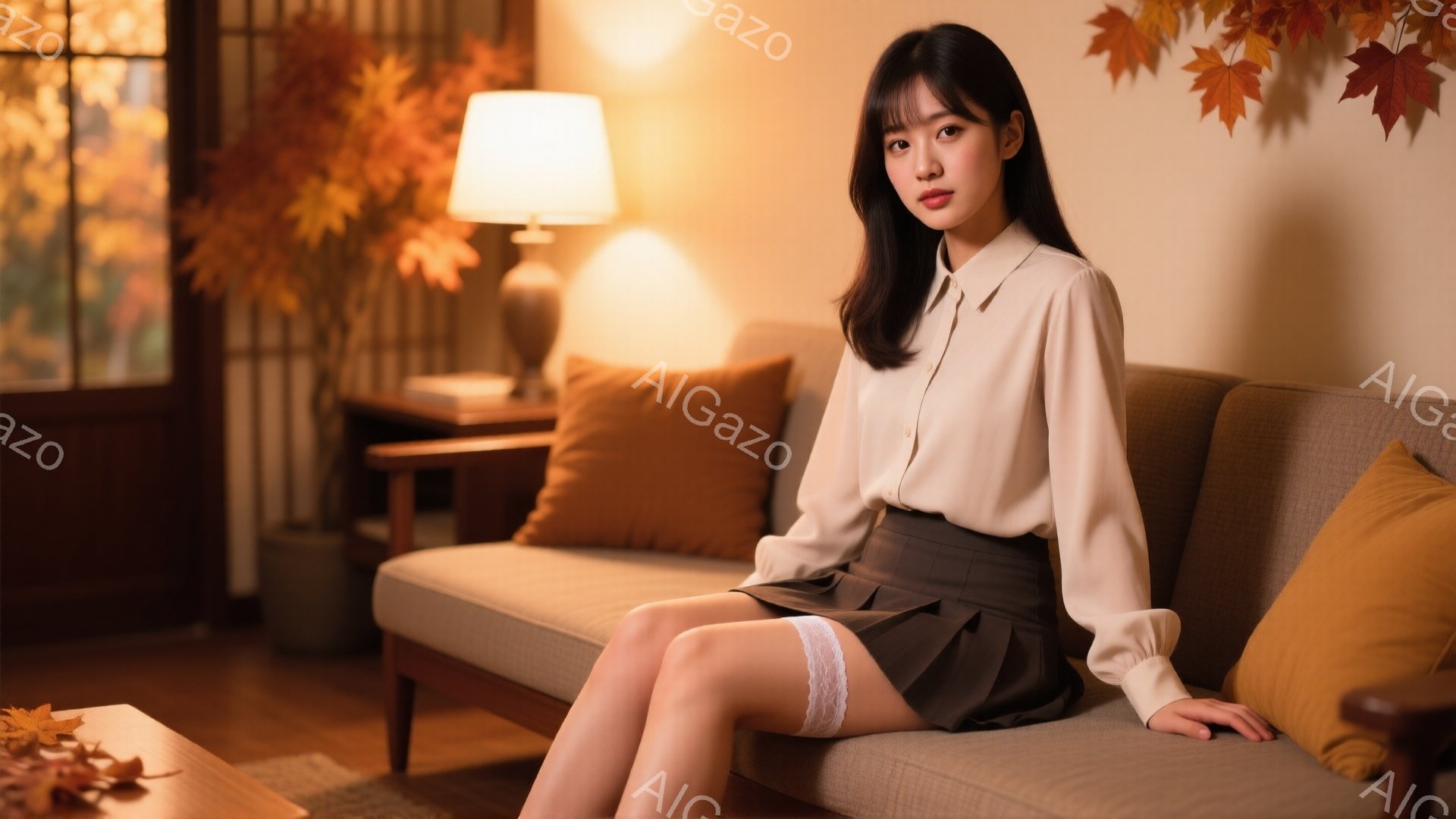 画像には、ベージュ色のブラウスとグレーのスカートを着用した若い女性がソファに座っています。彼女は長い黒髪で、前髪が少しカールしており、落ち着いた表情をしています。背景には、ランプや植物、そして秋の紅葉 - AI生成フリー素材