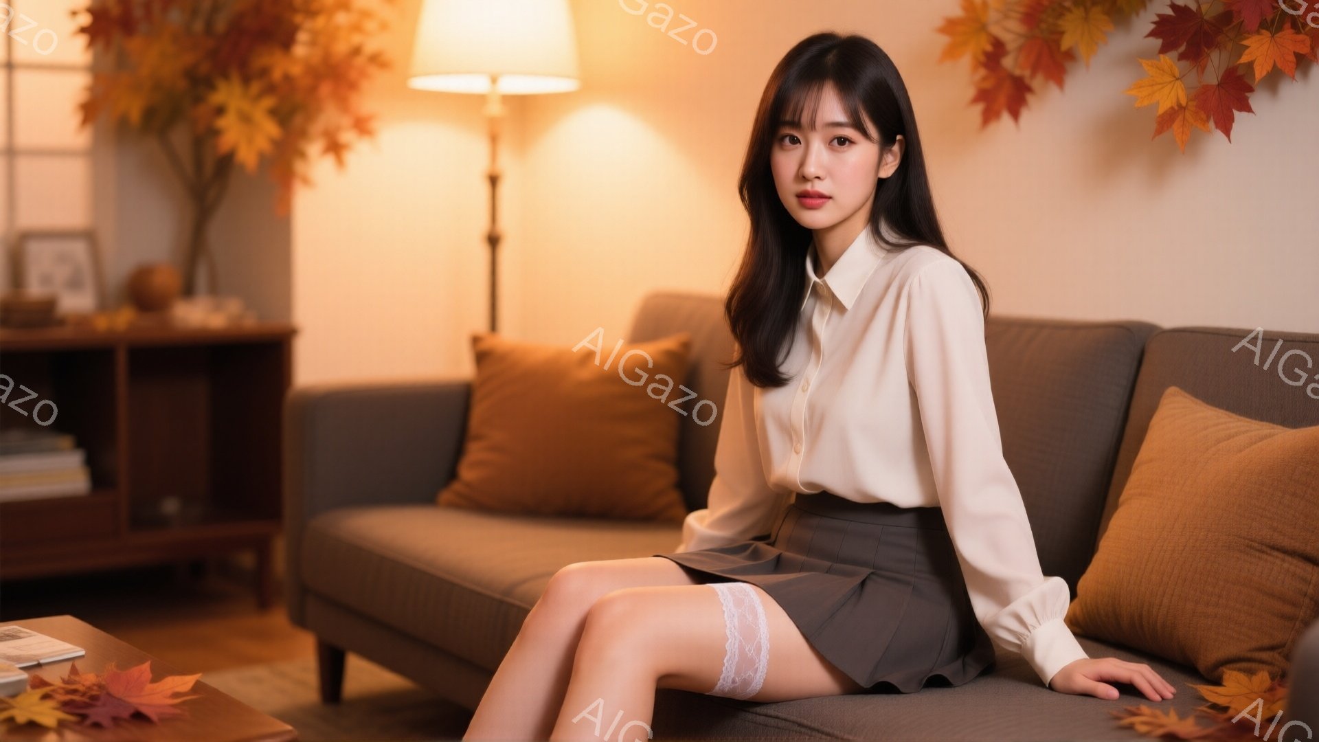 画像には、グレーのソファに座っている若い女性がいます。オフホワイトのシャツとグレーのスカートを着用し、肩まで届く黒髪をしています。彼女は穏やかな表情でカメラを見つめており、周囲は秋らしい暖色系の装飾が施されたリビングルームです。