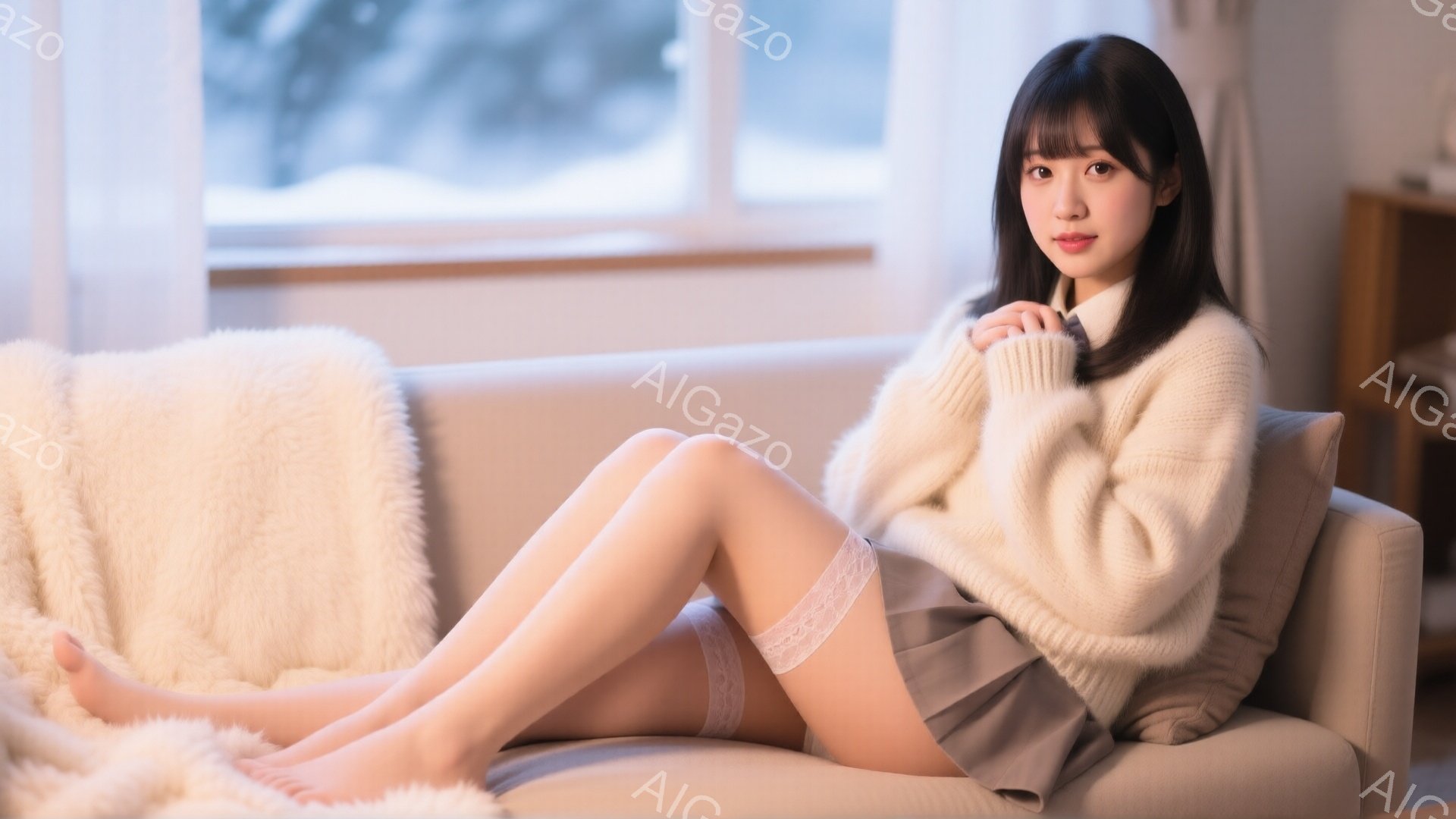 長い黒髪の女性が、白いセーターと短いグレーのスカートを身につけ、オフホワイトのソファに座っています。彼女は足を組んで座り、両手をセーターの上で重ね、穏やかな微笑みを浮かべています。窓の外には雪景色が広 - AI生成フリー素材