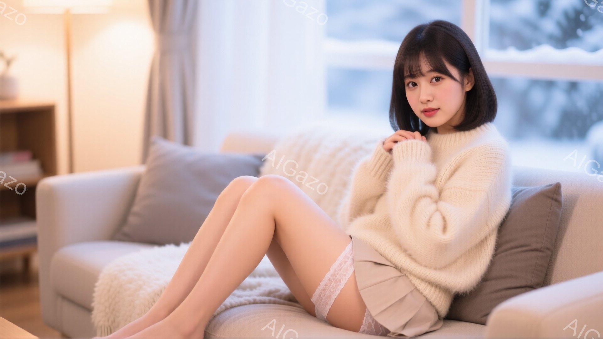 明るいリビングルームのソファに座った若い女性が写っています。彼女はオフホワイトのふわふわセーターと、レースの縁取りが施された短いスカートを着用し、足を組んでいます。背景には窓から見える雪景色があり、室 - AI生成フリー素材