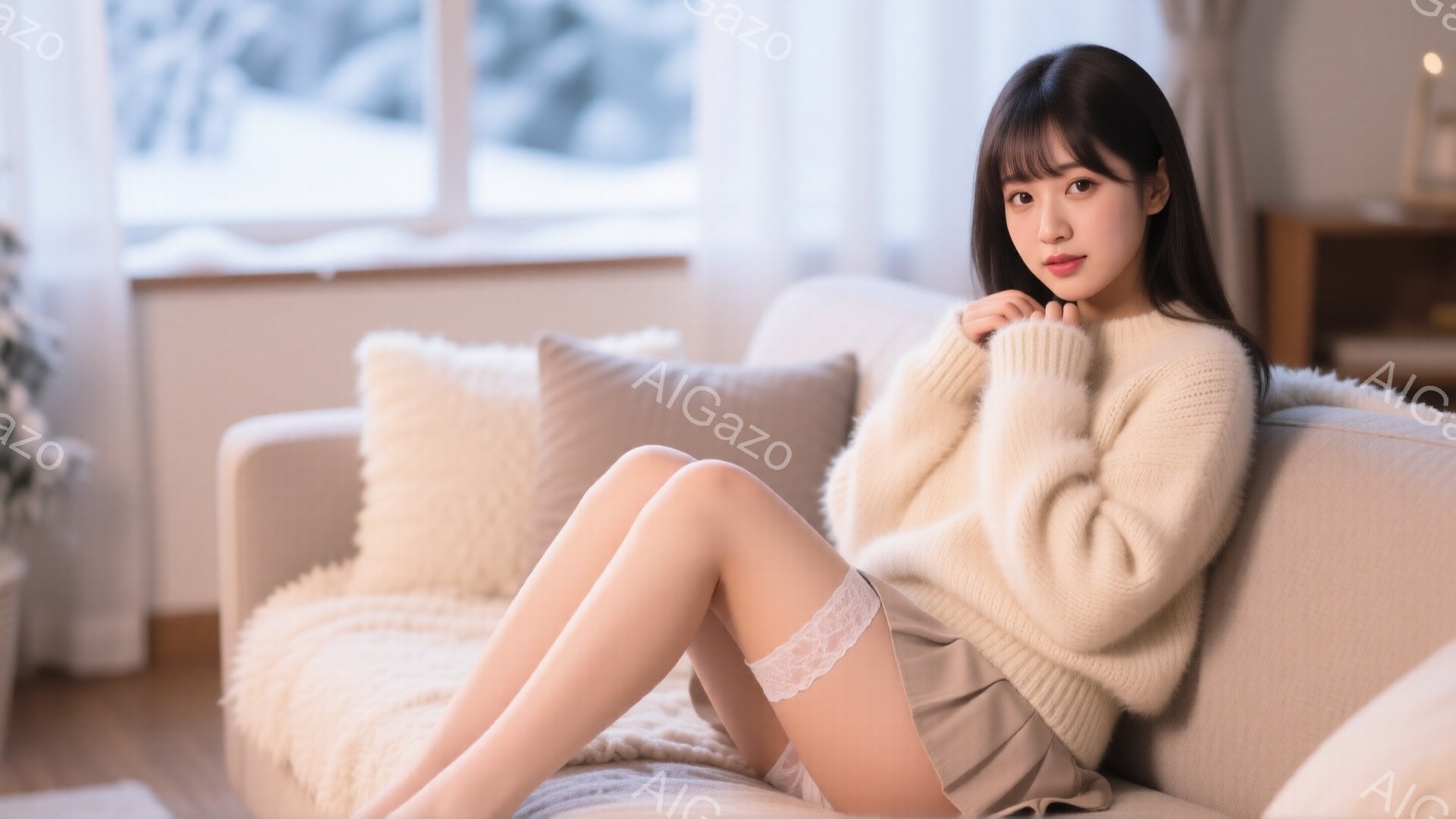 長い黒髪で前髪がぱっつんの女性が、ベージュ色のゆったりとしたセーターと短いスカートを身につけ、ソファーに座っています。彼女は足を組んでおり、少し微笑んでいて、リラックスした雰囲気を醸し出しています。背 - AI生成フリー素材